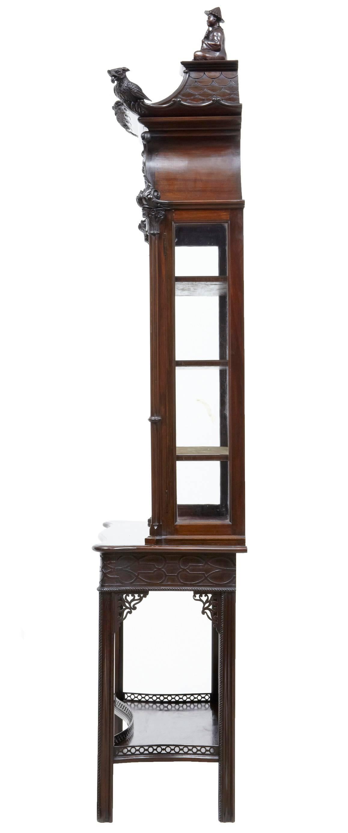 Hand-Carved Edwardian Mahogany Carved Chinese Chippendale Style Display Cabinet