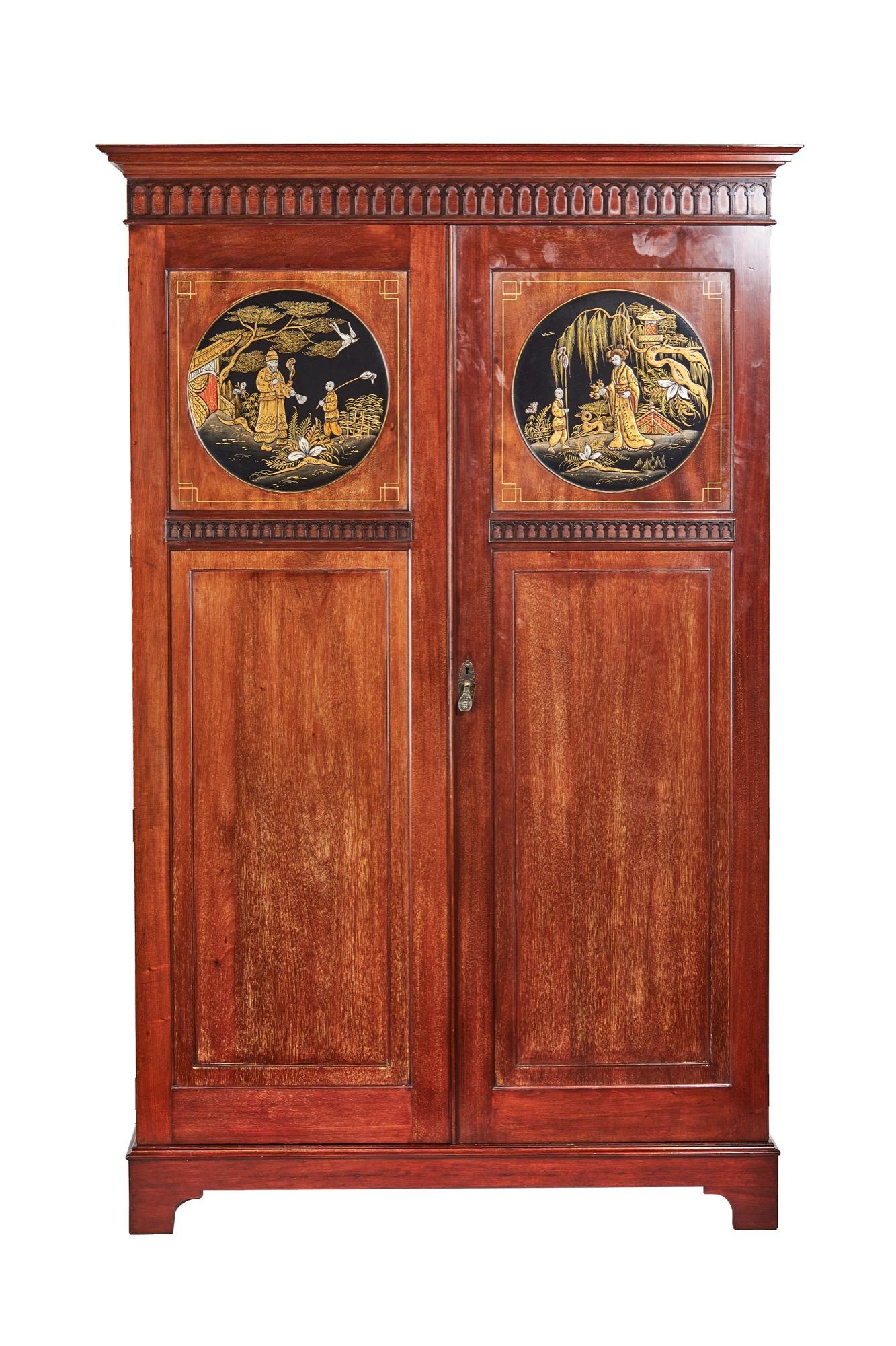 Polished Edwardian Mahogany & chinoiserie Decorated Wardrobe For Sale