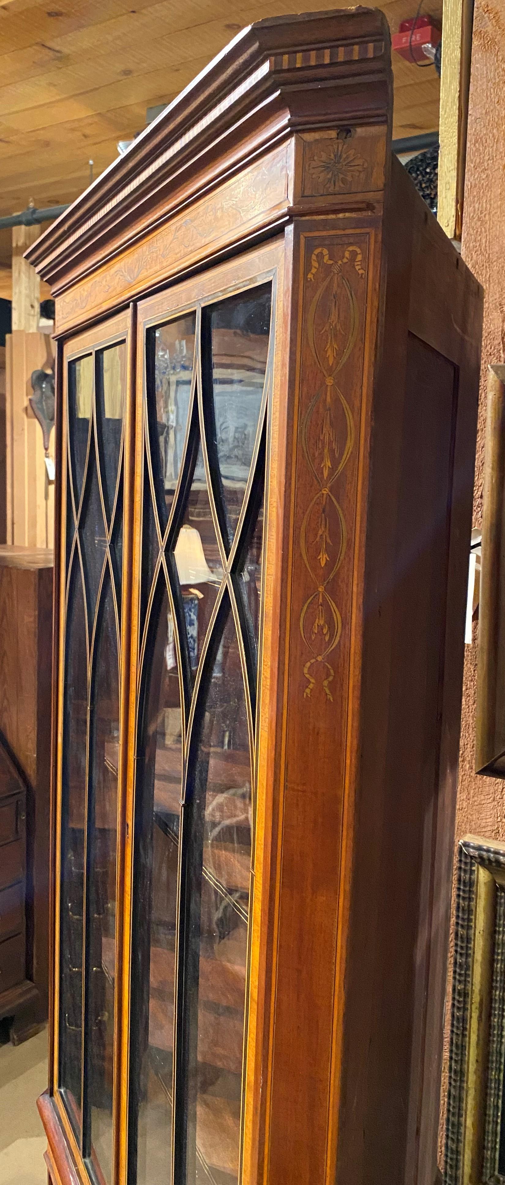 20th Century Edwardian Mahogany Glazed Door Corner Cupboard or Cabinet with Fine Inlay