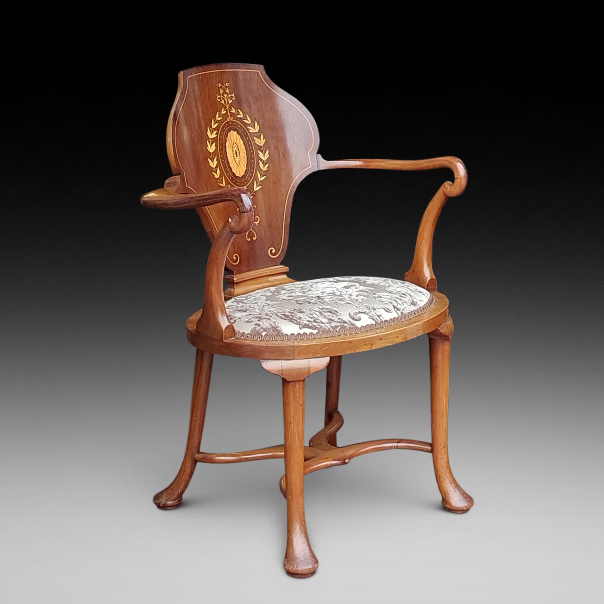 Edwardian Mahogany & Inlaid Armchair with marquetry laureate fan paterae and with gros and petit-point tapestry seat cover - reupholstered with original cover to verso - 26