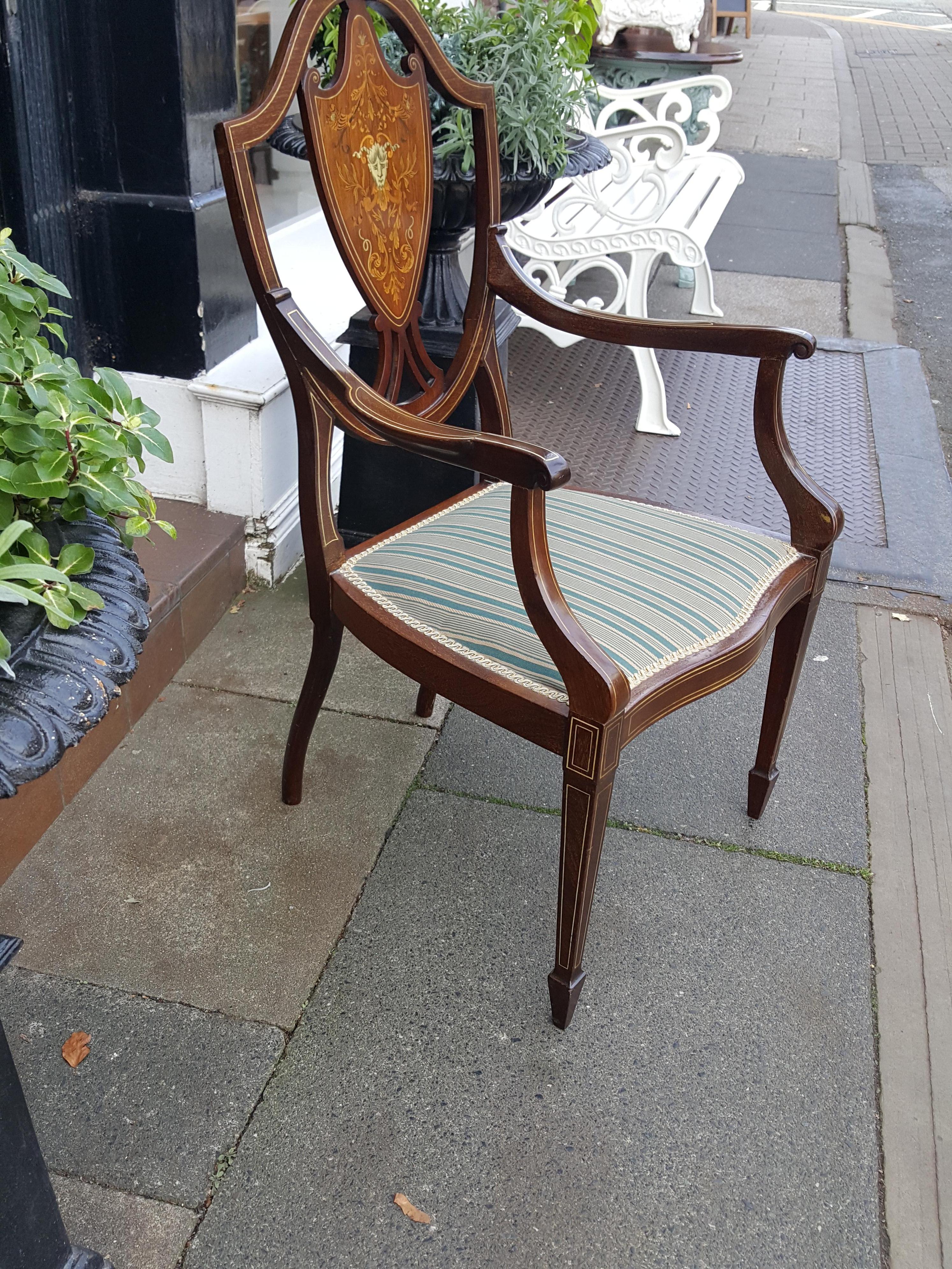 Edwardian Mahogany Inlaid Armchair In Good Condition In Altrincham, Cheshire