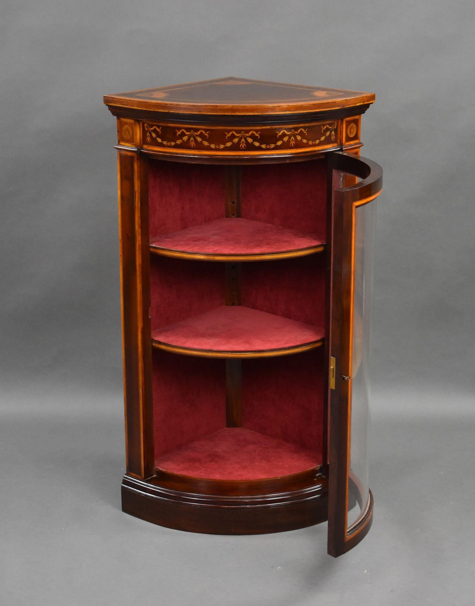 20th Century Edwardian Mahogany Inlaid Bow Front Corner Cabinet For Sale