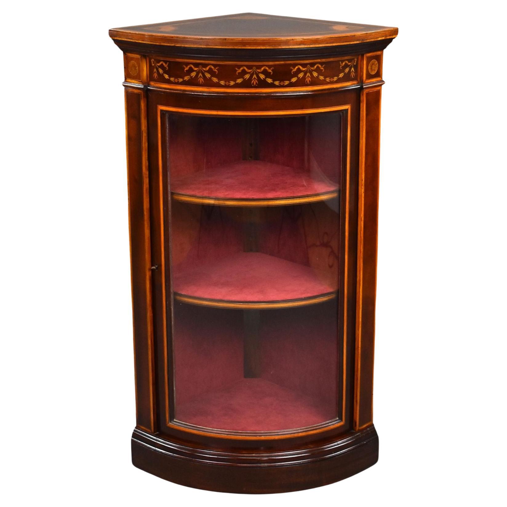 Edwardian Mahogany Inlaid Bow Front Corner Cabinet For Sale