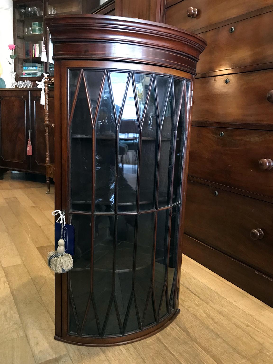 British Edwardian Mahogany Inlaid Bow Hanging Corner Cupboard For Sale