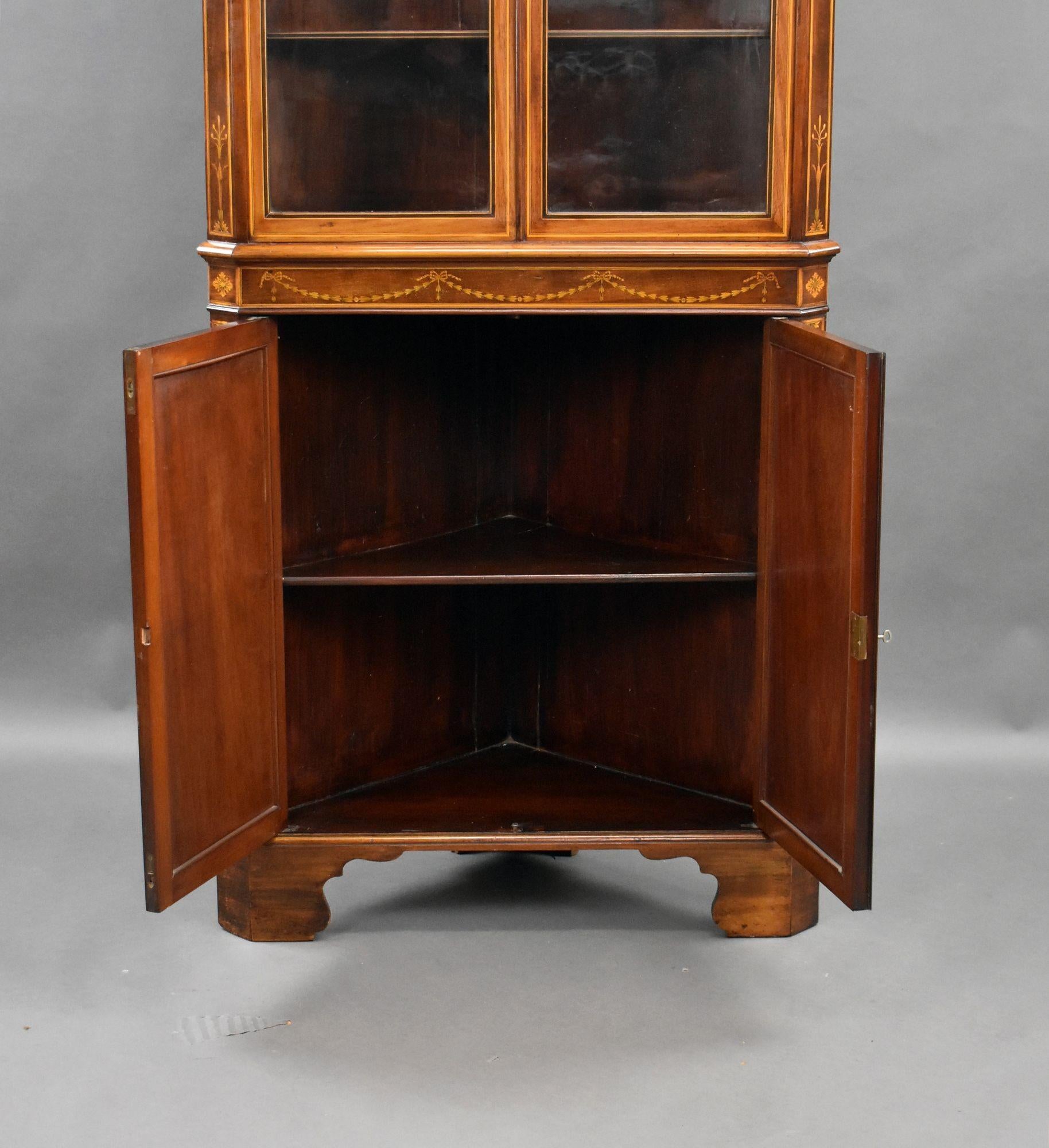20th Century Edwardian Mahogany Inlaid Corner Cabinet For Sale