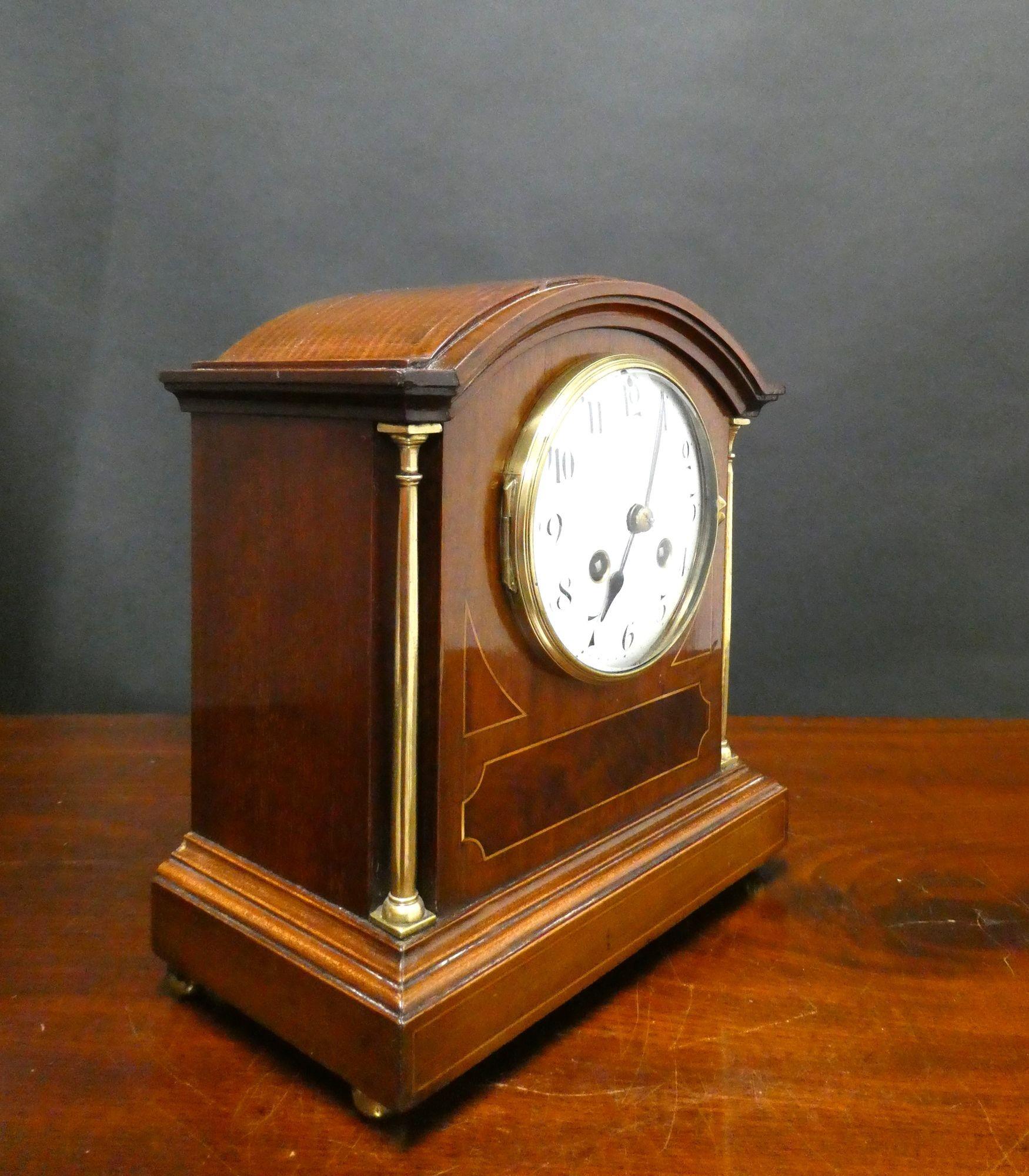 French Edwardian Mahogany Inlaid Mantel Clock, Samuel Marti, Paris For Sale