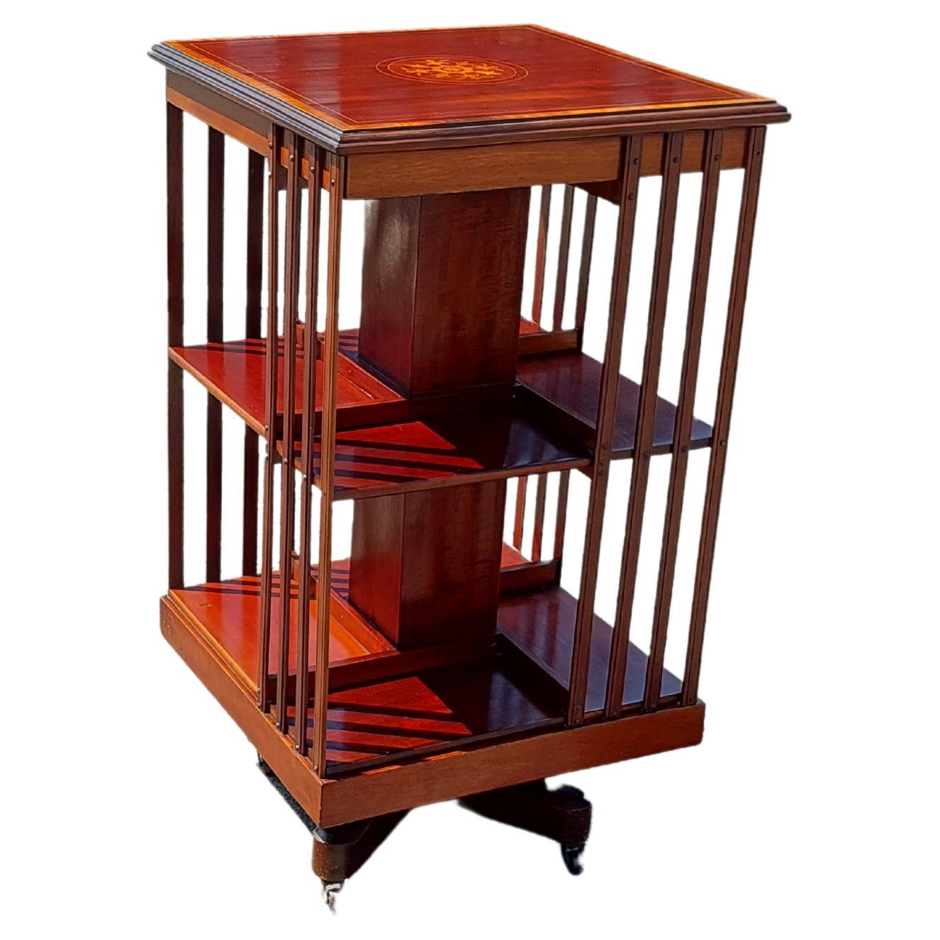 Edwardian Mahogany Inlaid Revolving Bookcase