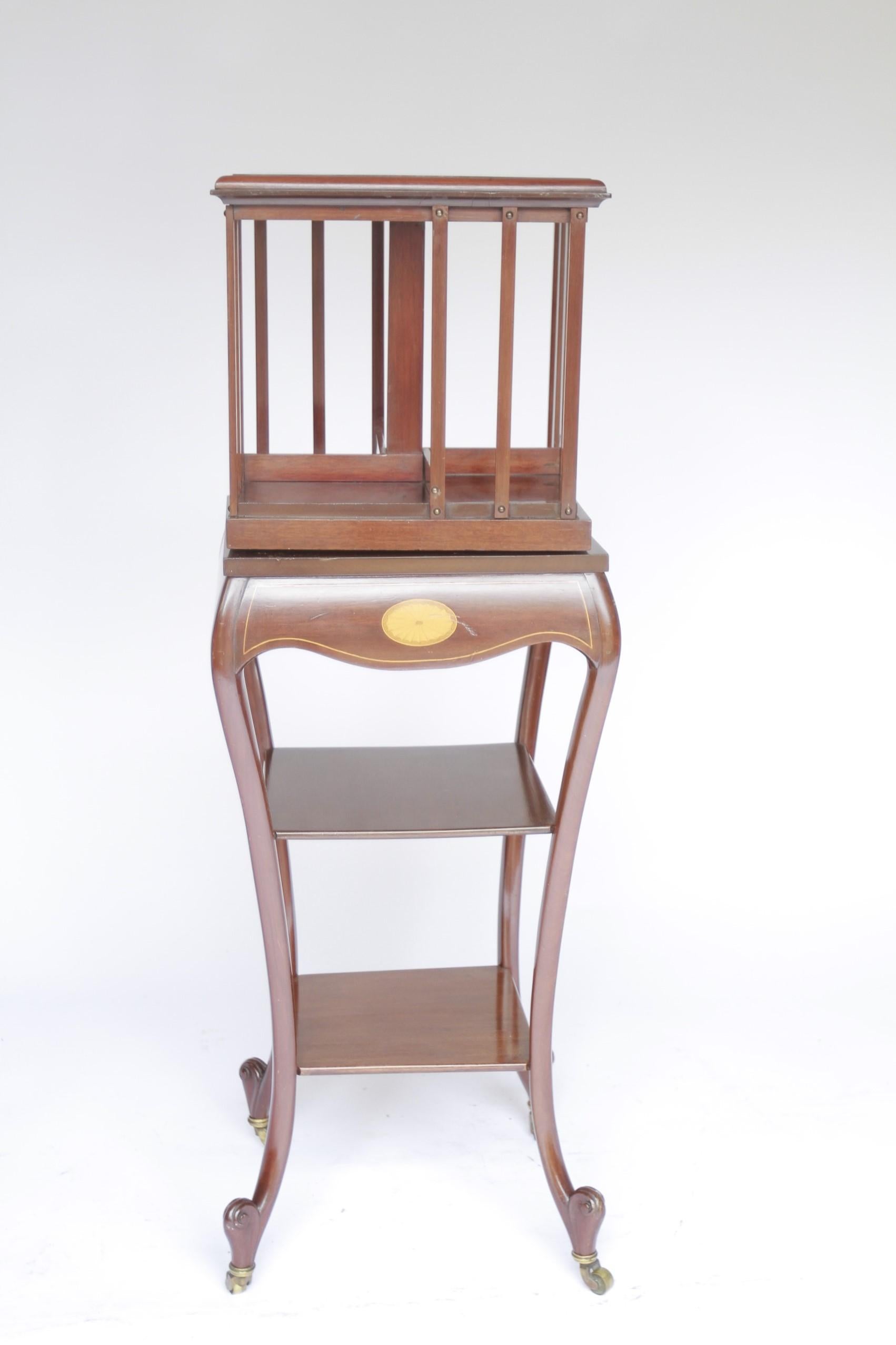 Sheraton Edwardian Mahogany inlaid Revolving bookcase on stand For Sale