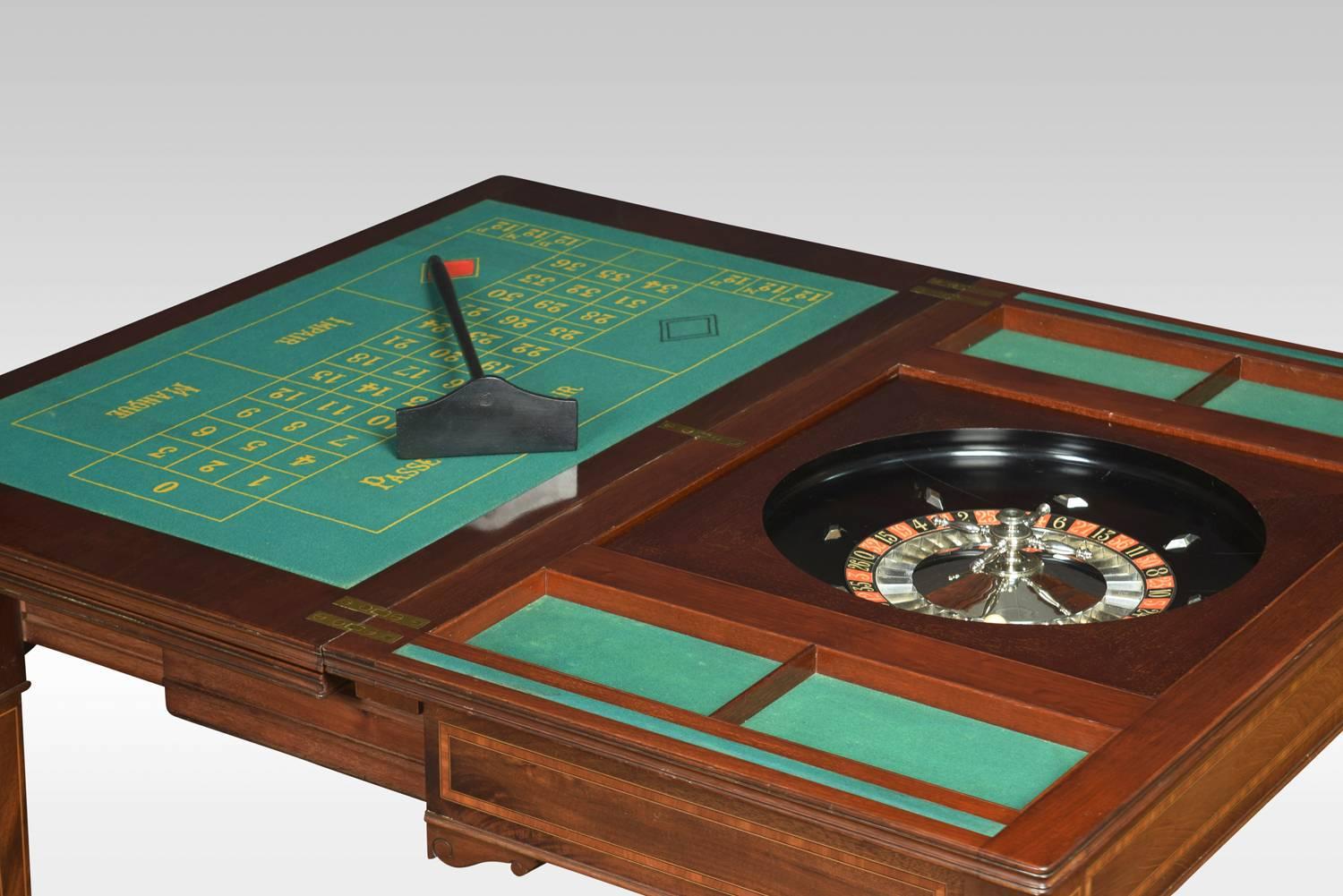 Edwardian mahogany triple top games table for cards and roulette. The large rectangular satinwood inlaid mahogany hinged triple top opens to reveal a gaming interior for playing cards and then opens again to reveal a roulette table. The table raised