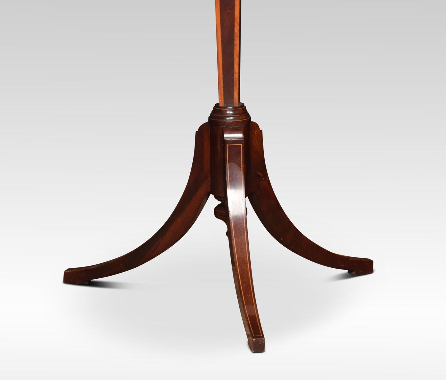Sheraton revival mahogany shaving stand, the shield shaped beveled mirror on brass adjustable pole, above circular shelf. All raised up on turned stem with three slender splayed legs.
Dimensions:
Height 64.5 inches adjustable
width 19