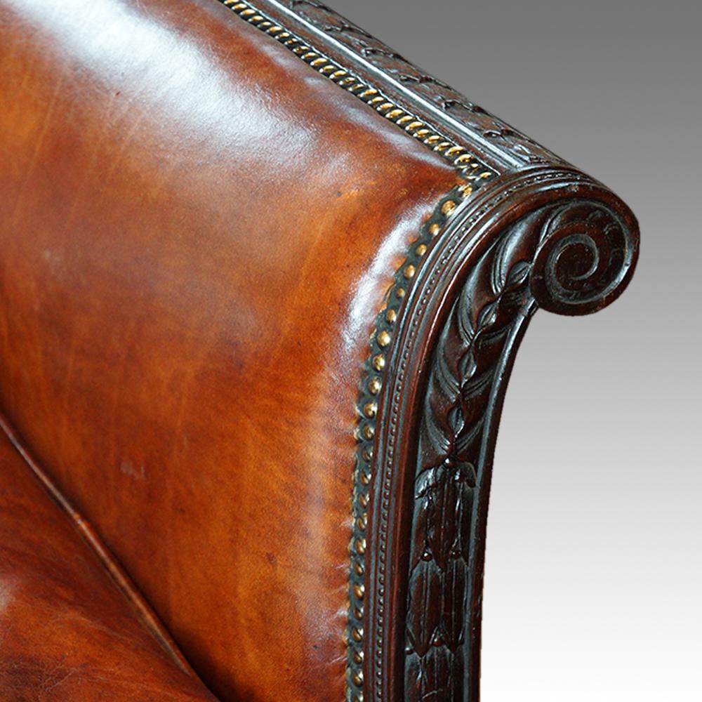 Edwardian mahogany leather sofa 
This Edwardian mahogany leather sofa was made circa 1910.
The high-quality mahogany frame is finely carved.
We have used fine grade English hide leather to upholster this before hand dyeing it and giving it the