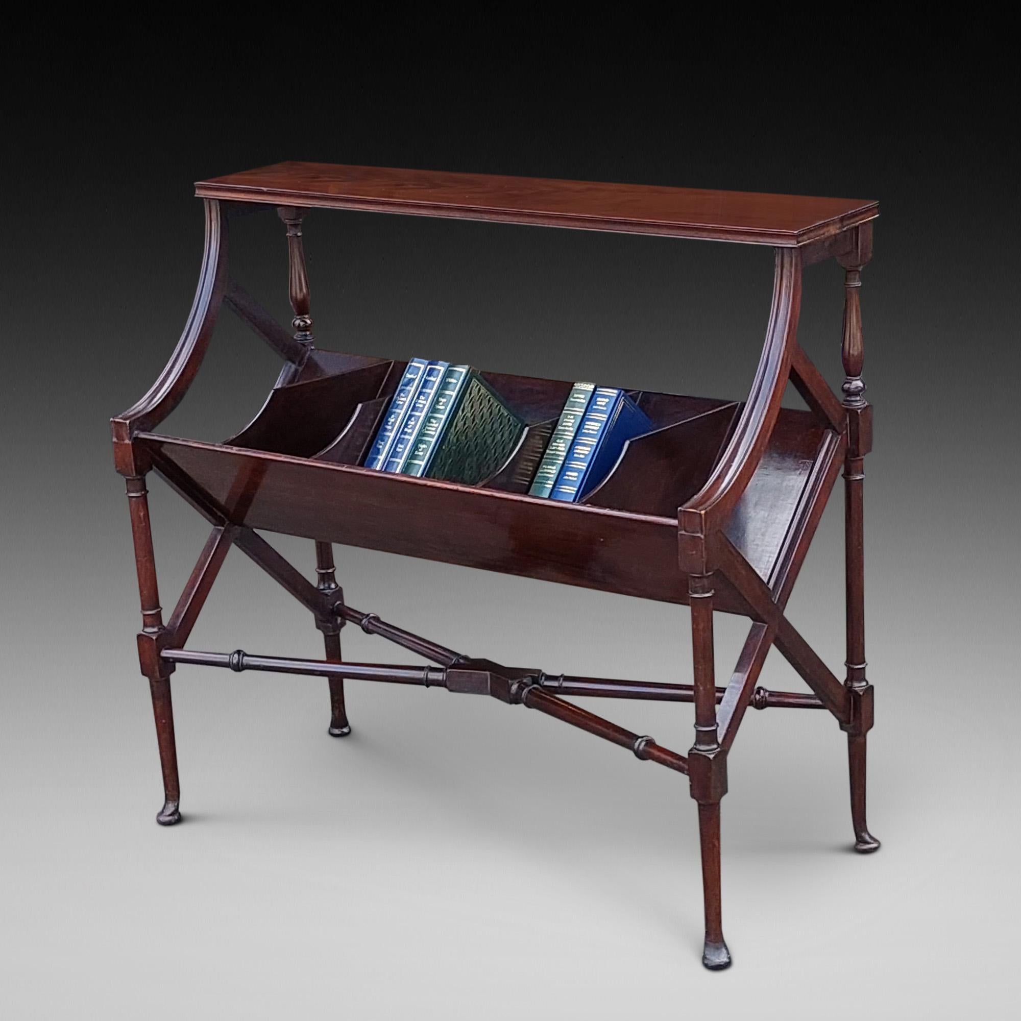 Edwardian Mahogany Library Book Trough of deep angled form below a shelf top; raised on ring-turned legs joined by a turned x stretcher - 36.5