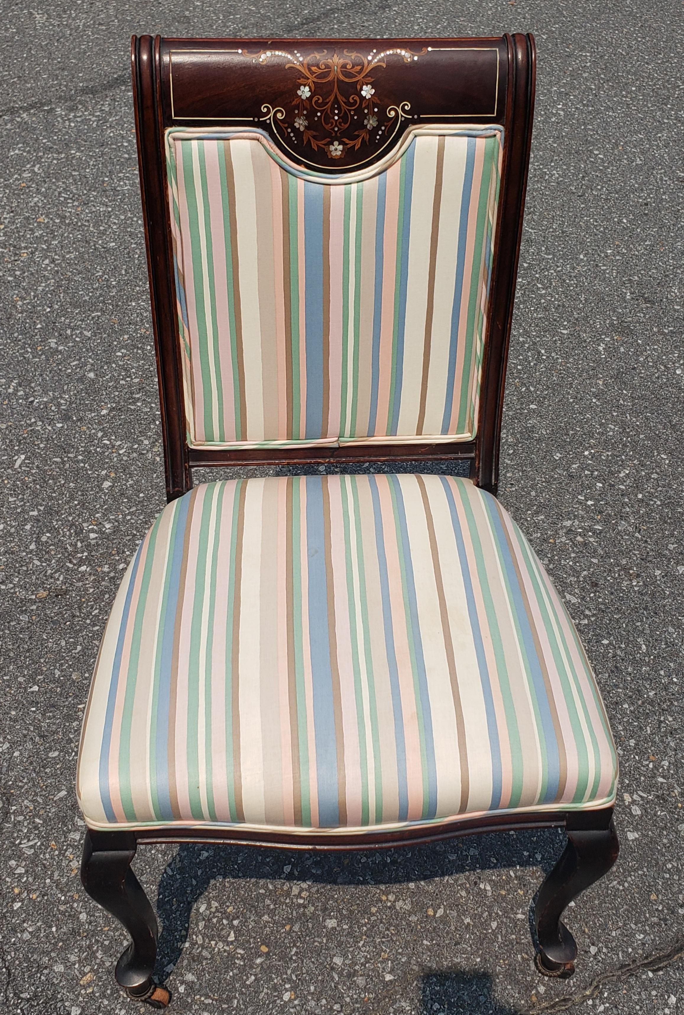 Inlay Edwardian Mahogany Mother-Of-Pearl And Satinwood Inlaid Upholstered Side Chair  For Sale