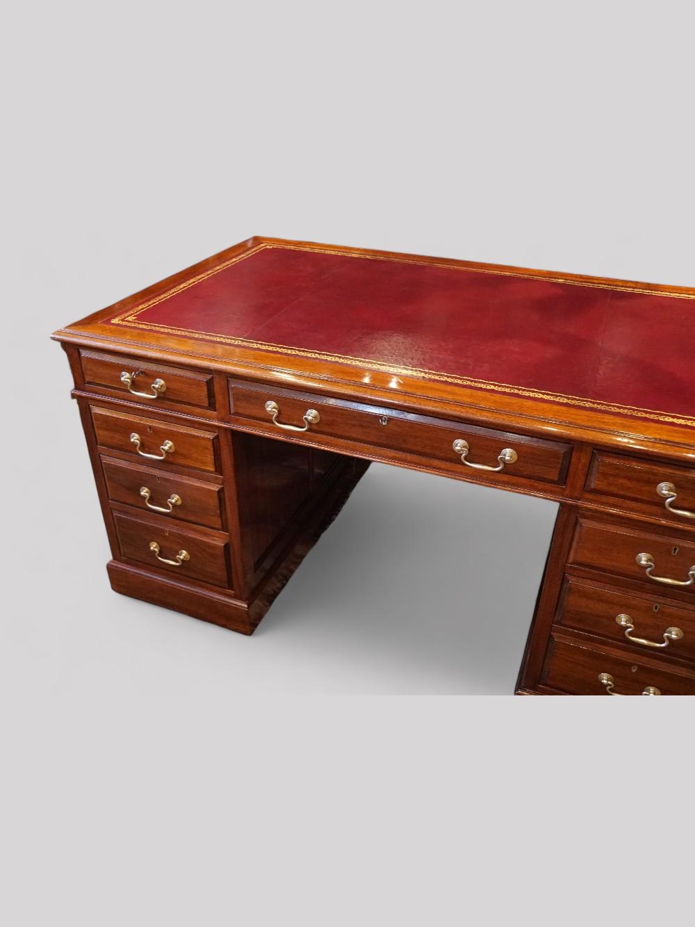 Edwardian mahogany pedestal desk 153cms
This Edwardian mahogany pedestal desk was made circa 1910 and is of a good large size.
The pedestal desk is made in 3 parts, this is for ease of transportation to and around your home.
It has the usual drawer