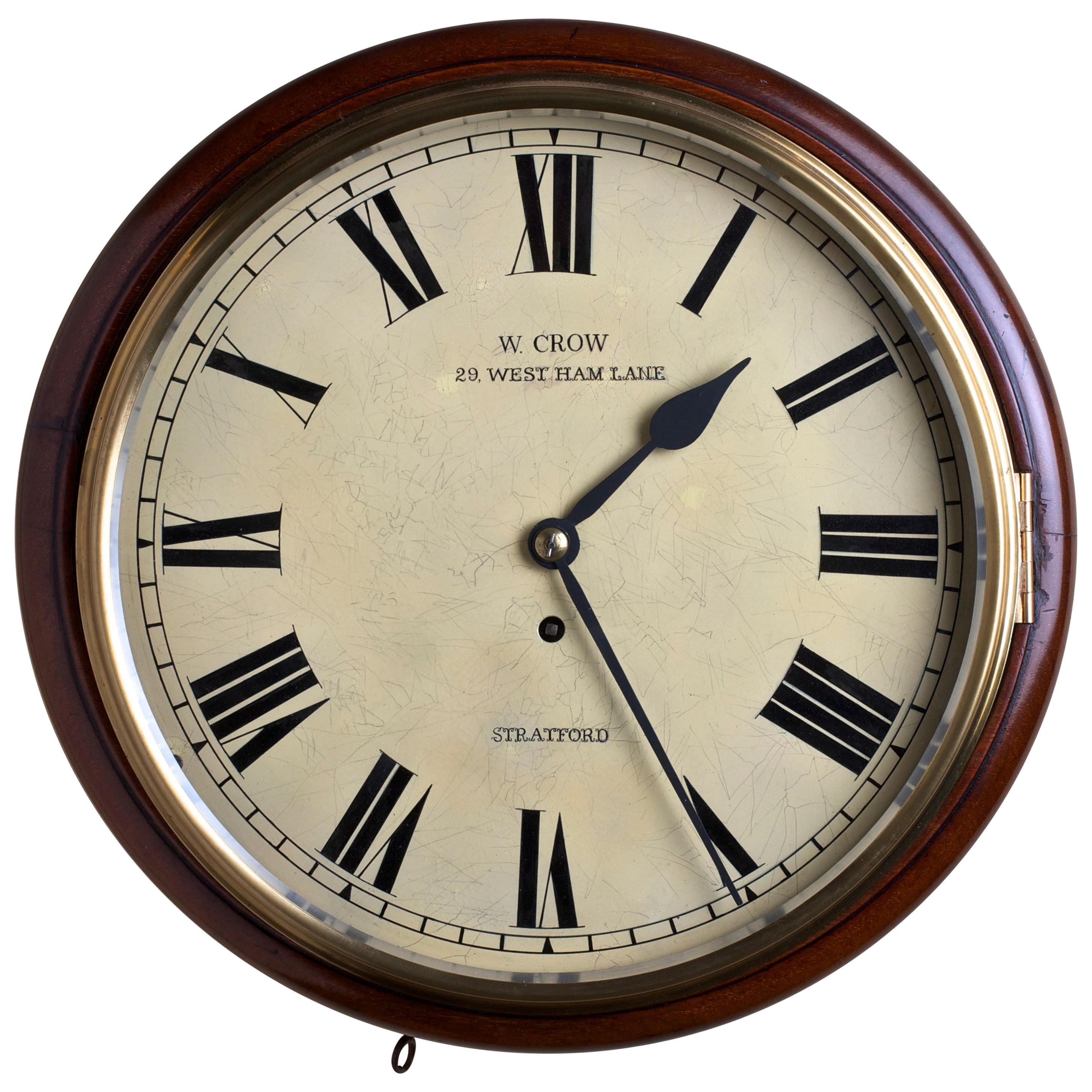 Edwardian Mahogany Round Dial Fusee Wall Clock by William Crow, Stratford