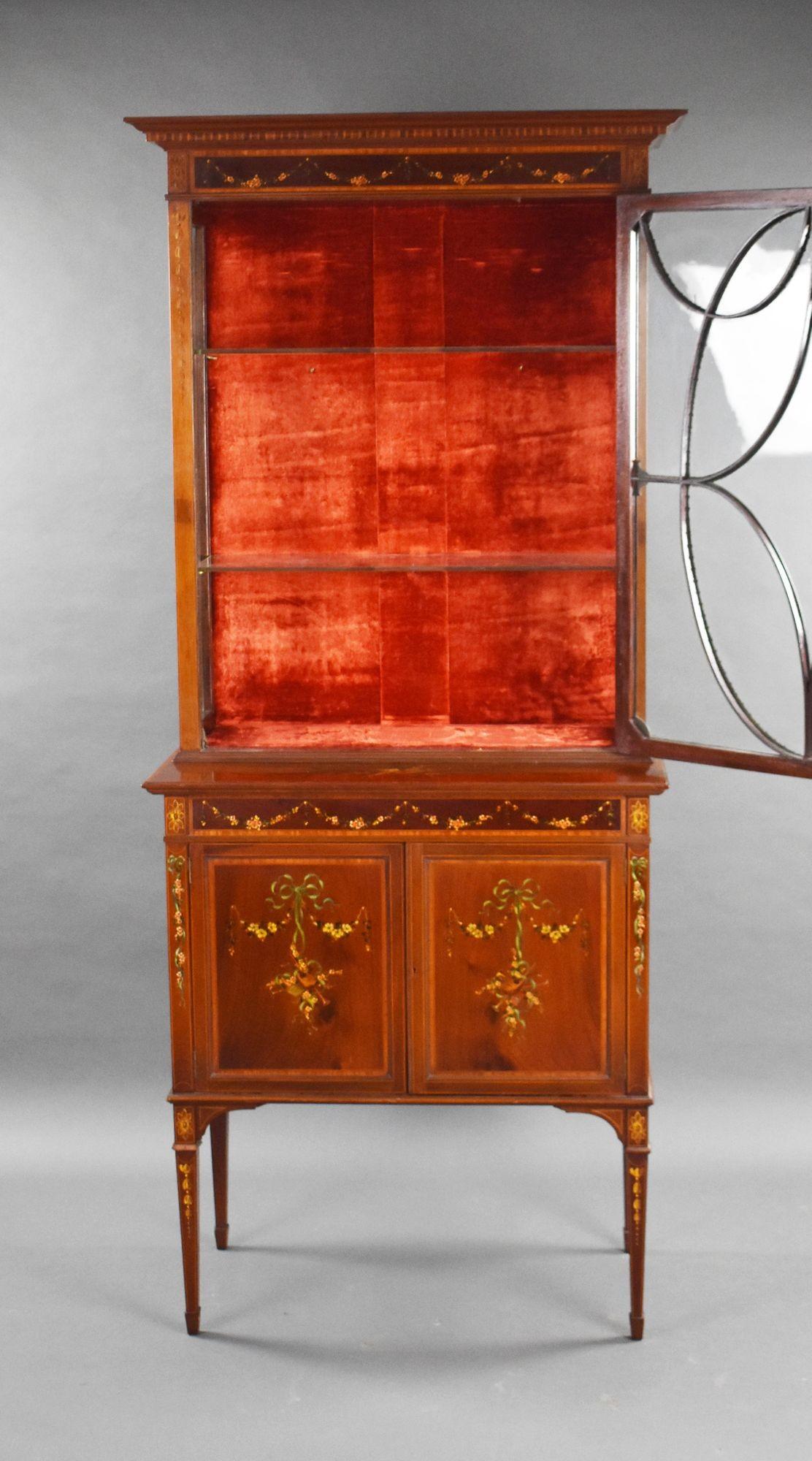 Edwardian Mahogany Satinwood Hand Painted Display Cabinet For Sale 6