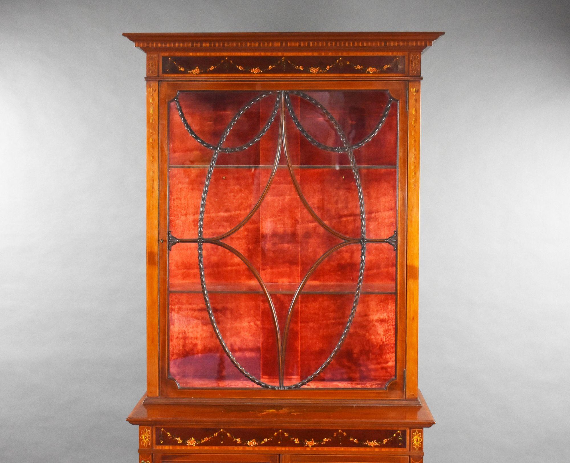 20th Century Edwardian Mahogany Satinwood Hand Painted Display Cabinet For Sale