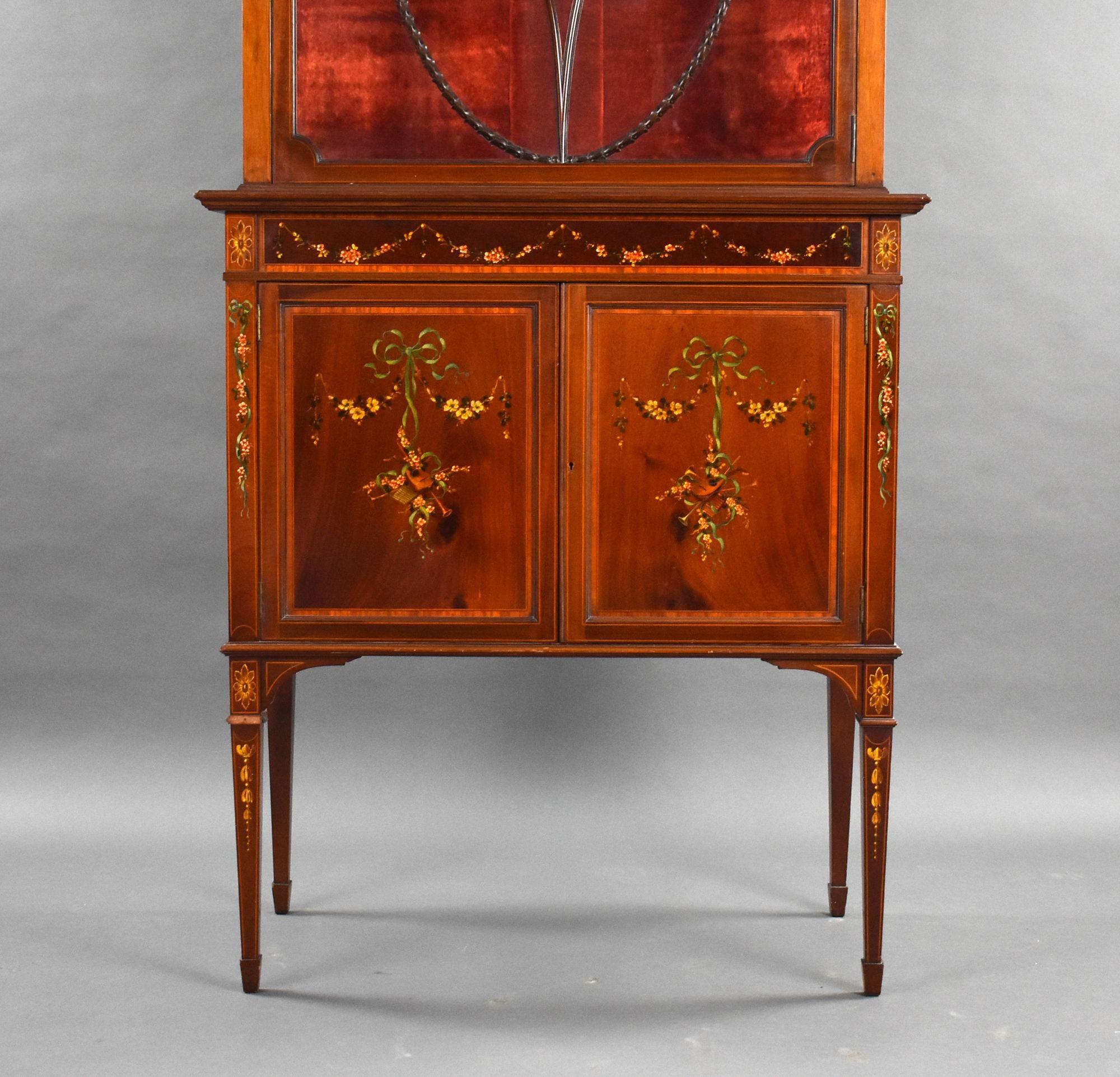 Edwardian Mahogany Satinwood Hand Painted Display Cabinet For Sale 1