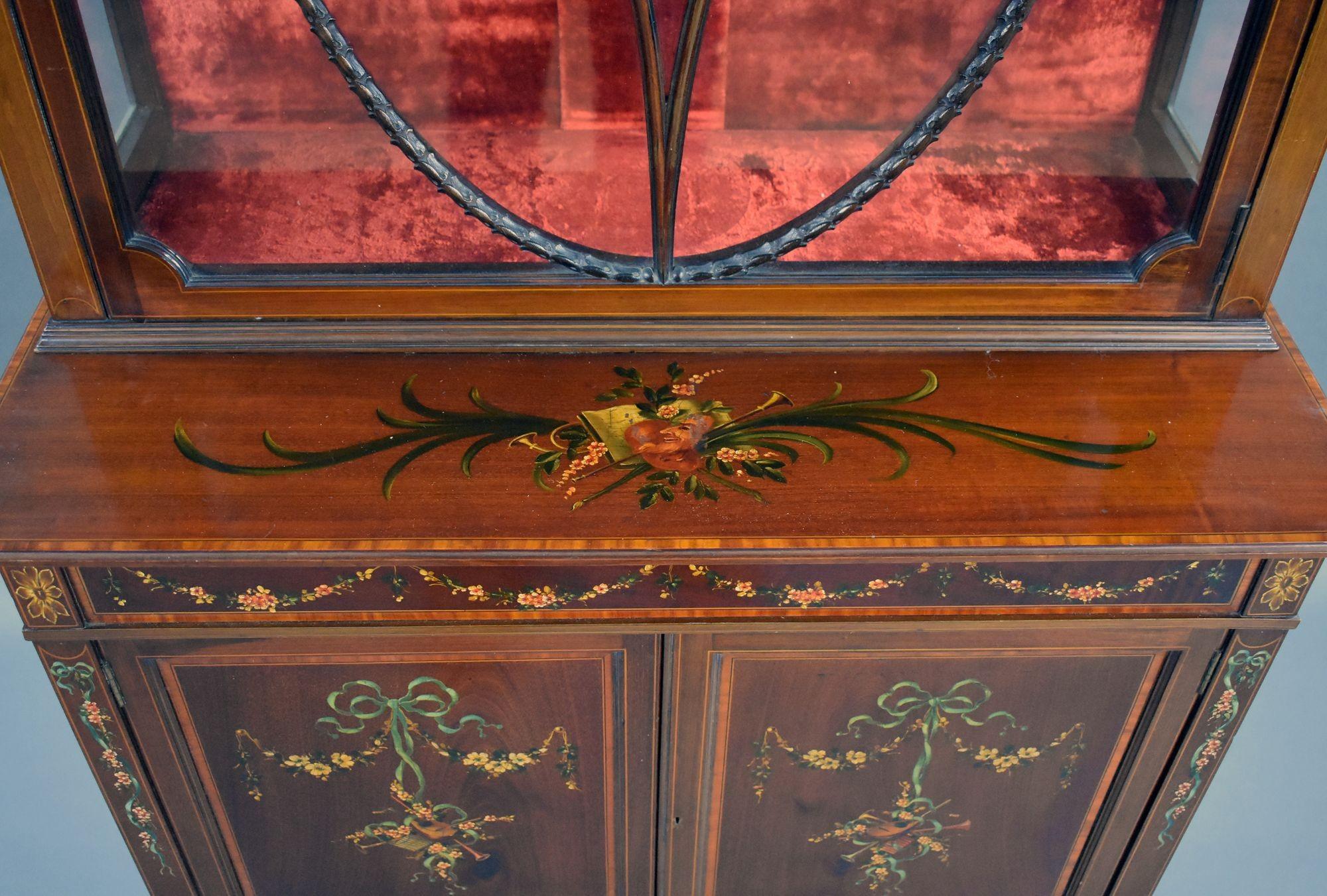 Edwardian Mahogany Satinwood Hand Painted Display Cabinet For Sale 4
