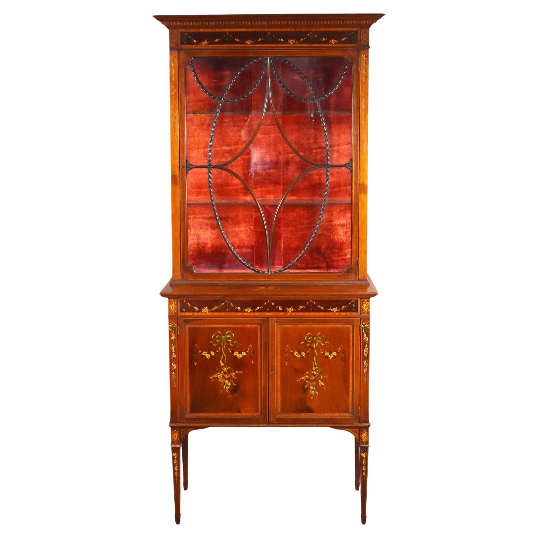 Edwardian Mahogany Satinwood Hand Painted Display Cabinet