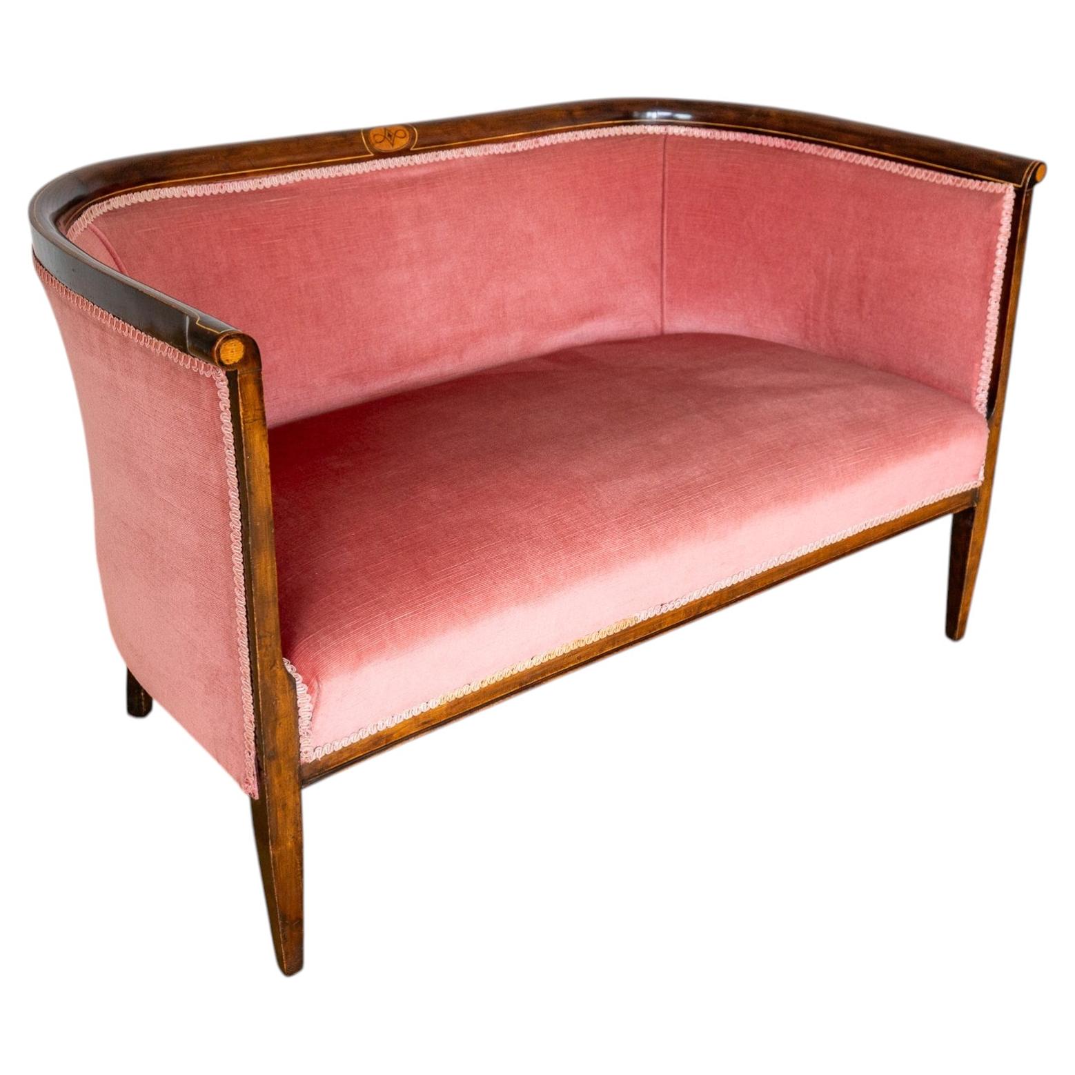 Edwardian Mahogany Settee Barrel Back Pink Inlaid Tub Antique Art Nouveau 1910