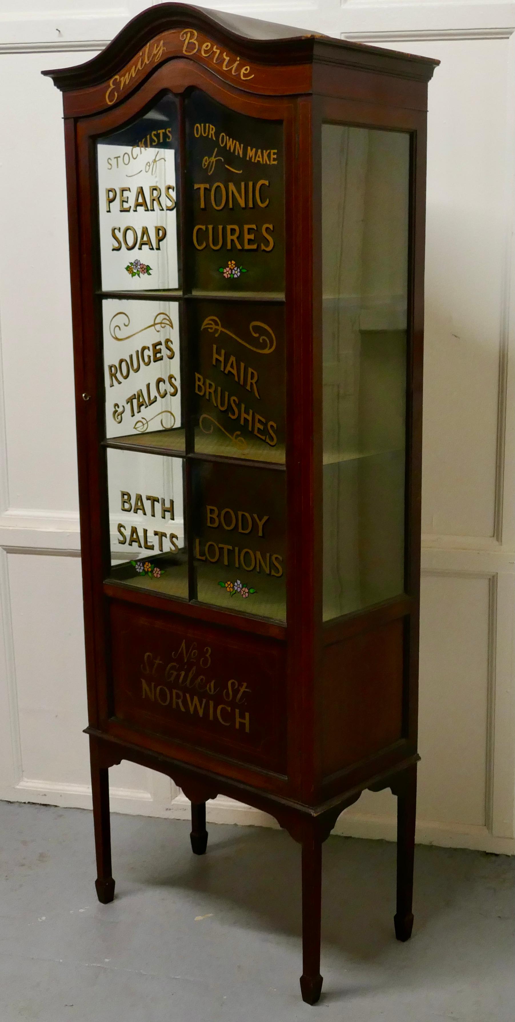Edwardian mahogany sign painted perfumery cupboard

A stunning piece of Edwardian shop display, this one is painted for Emilly Berrie of Norwich advertising soaps, tonics perfume and other personal care preparations

This is a tall inlaid