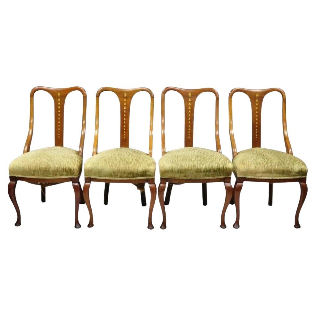 Edwardian Mahogany Sweetheart Back Bellflower Painted Dining Chairs - Set of 4 For Sale