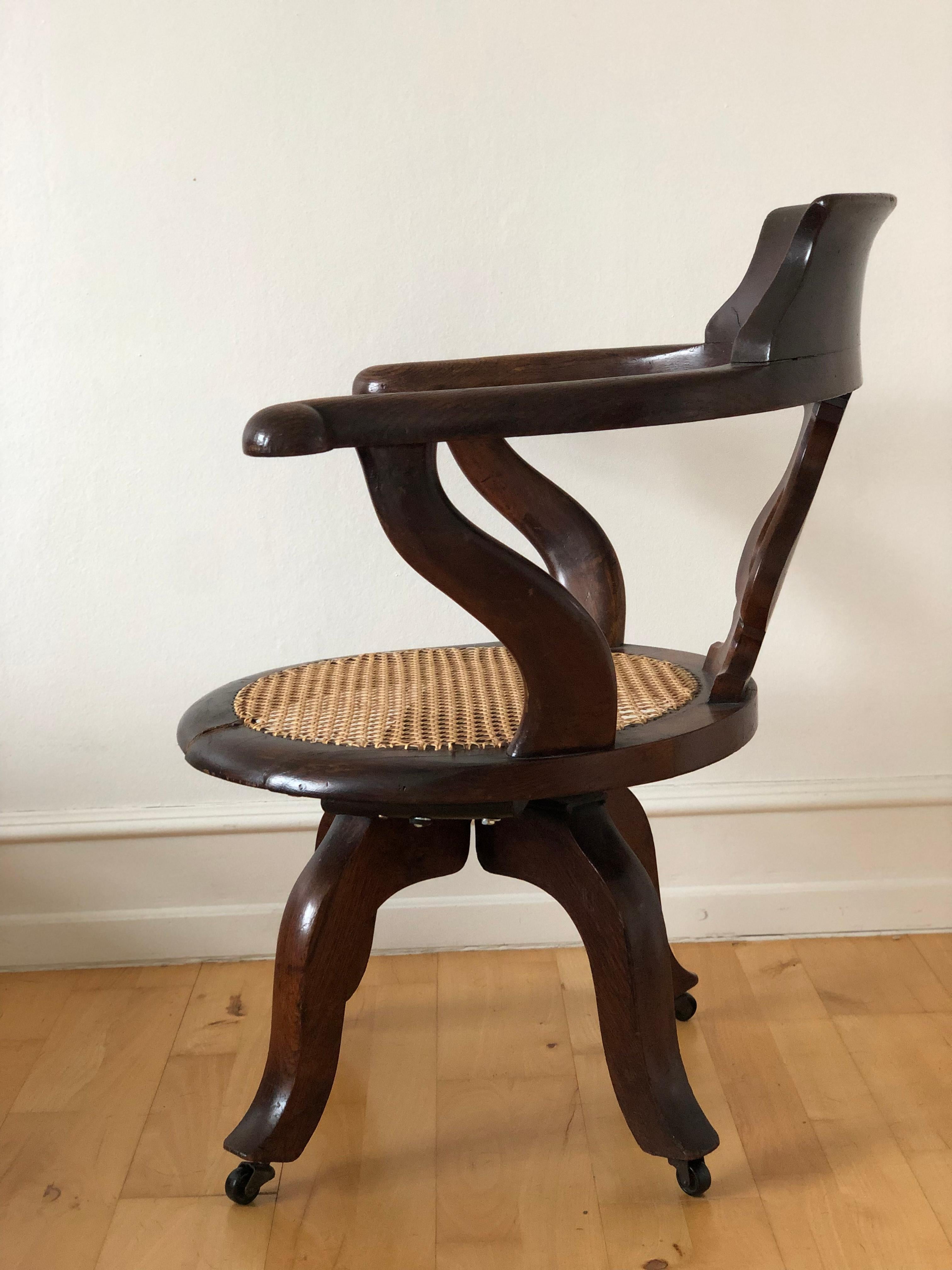 Industrial Edwardian Mahogany Swivel Desk Chair on Castors Early 20th Century United Kingdo