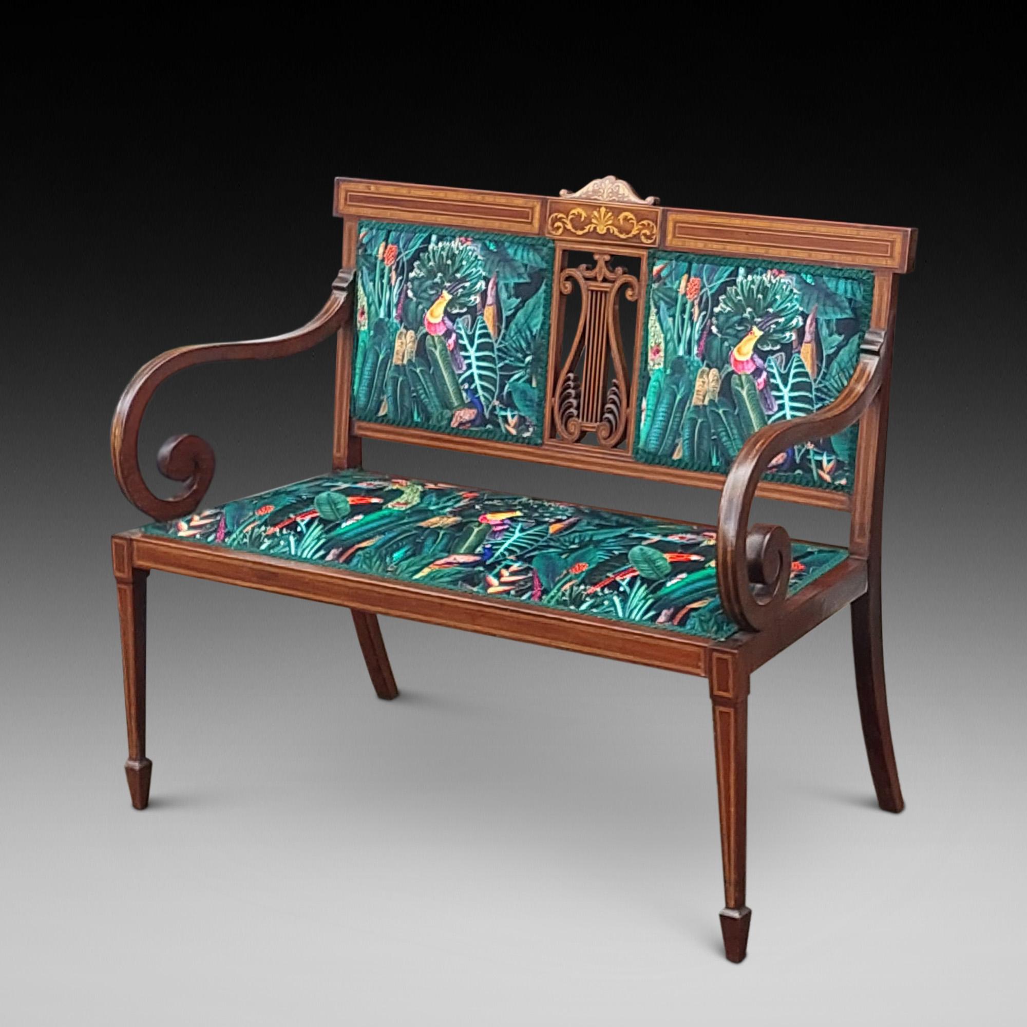 Edwardian Mahogany 2 Seater Sofa with Lyre Central Panel, Satinwood and Ebony Inlays with Sheraton Style Square Tapered Legs - 37