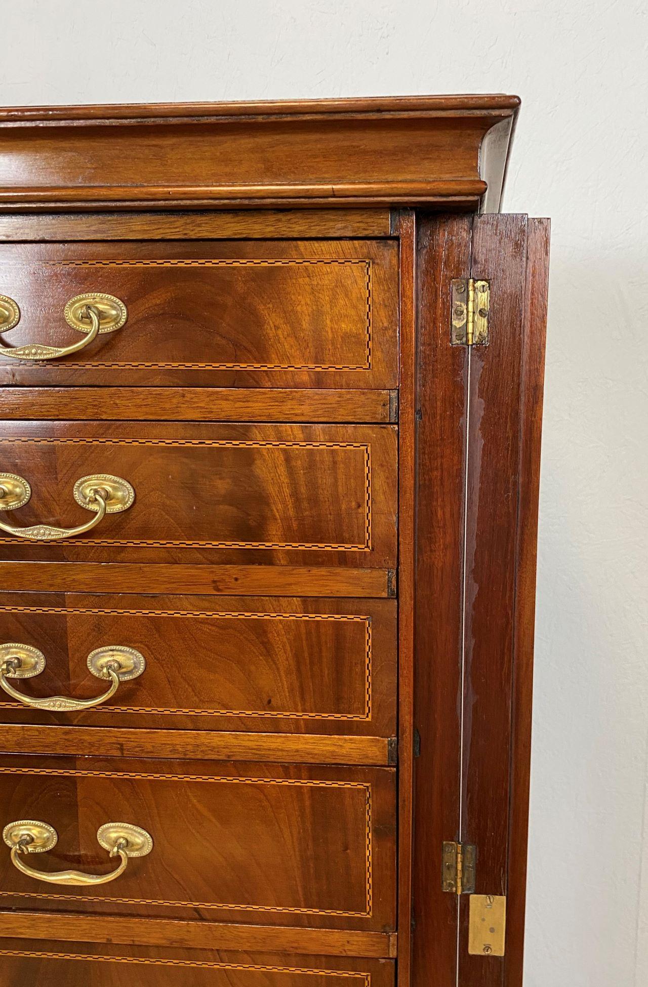 Edwardian Mahogany Wellington Chest with Geometric Line Inlays For Sale 6