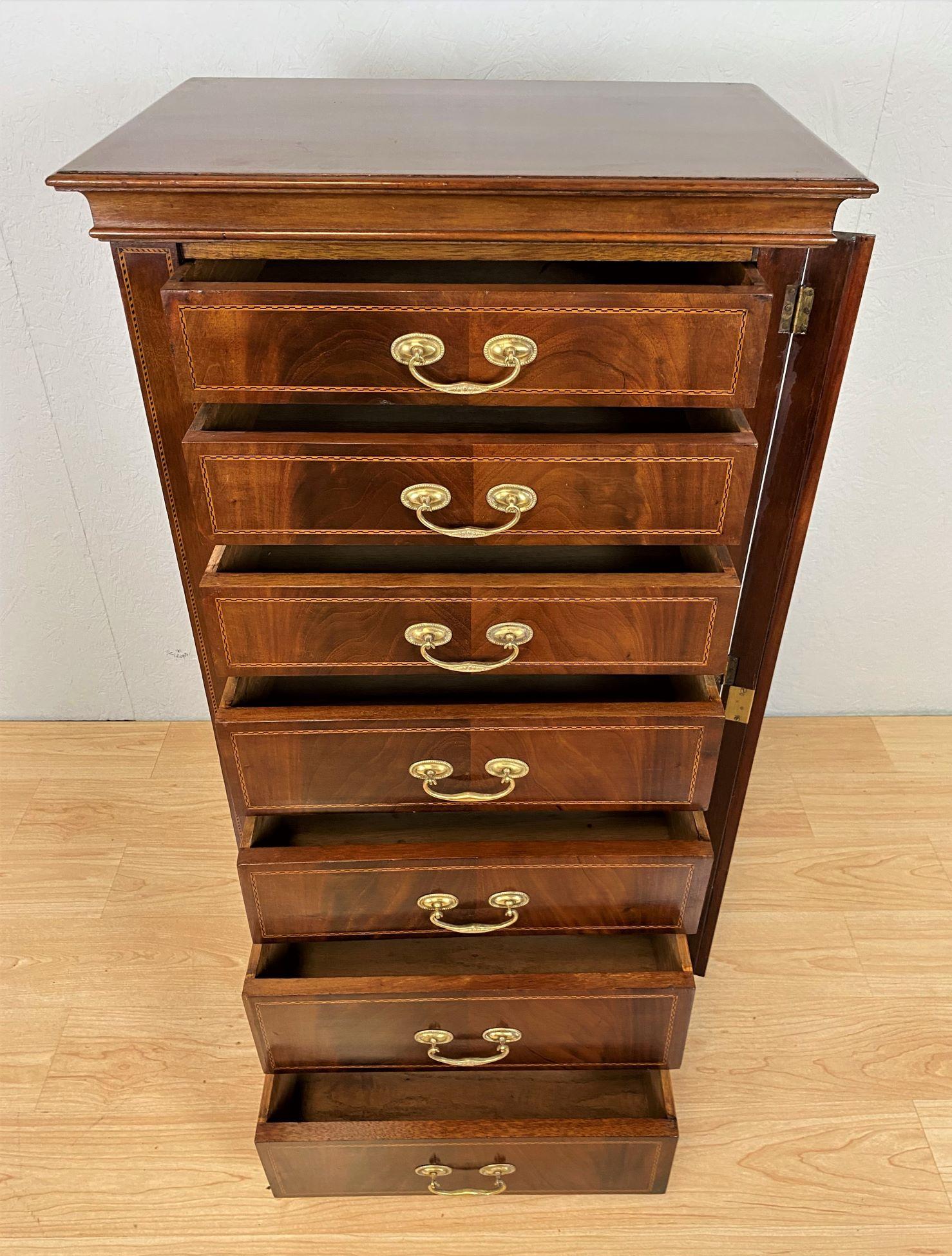 Edwardian Mahogany Wellington Chest with Geometric Line Inlays For Sale 7