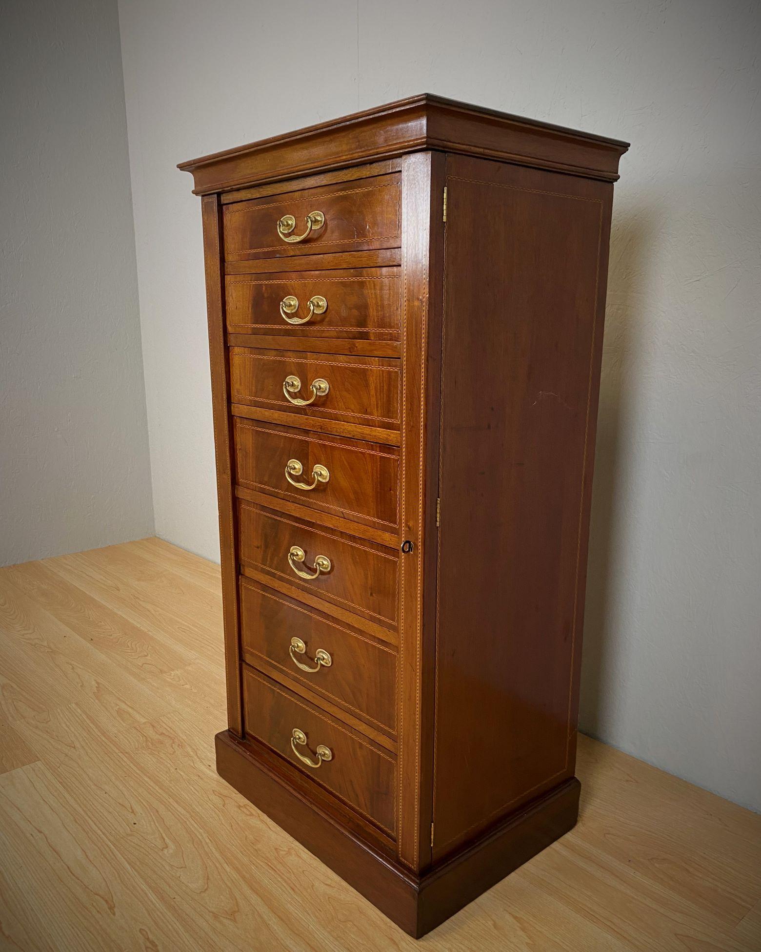 Campaign Edwardian Mahogany Wellington Chest with Geometric Line Inlays For Sale