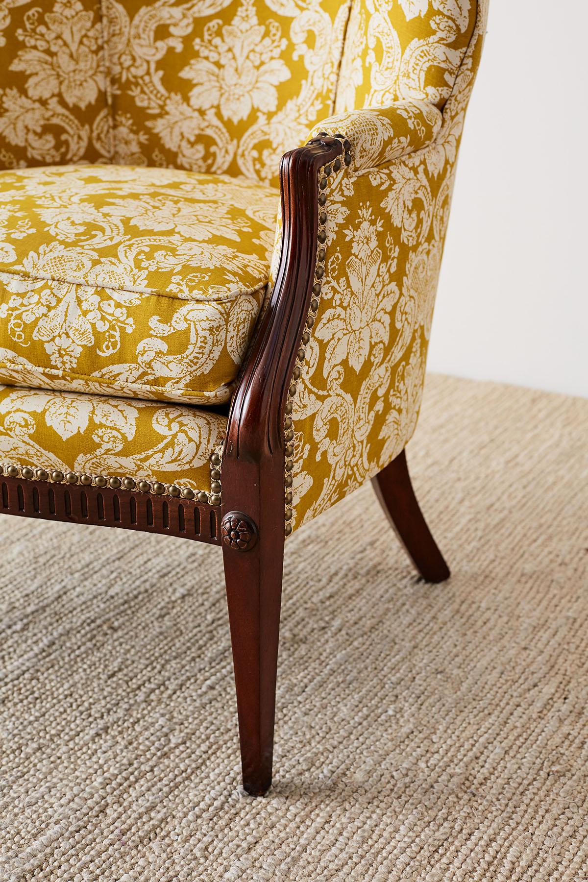 Edwardian Mahogany Wingback with Fortuny Style Fabric 3