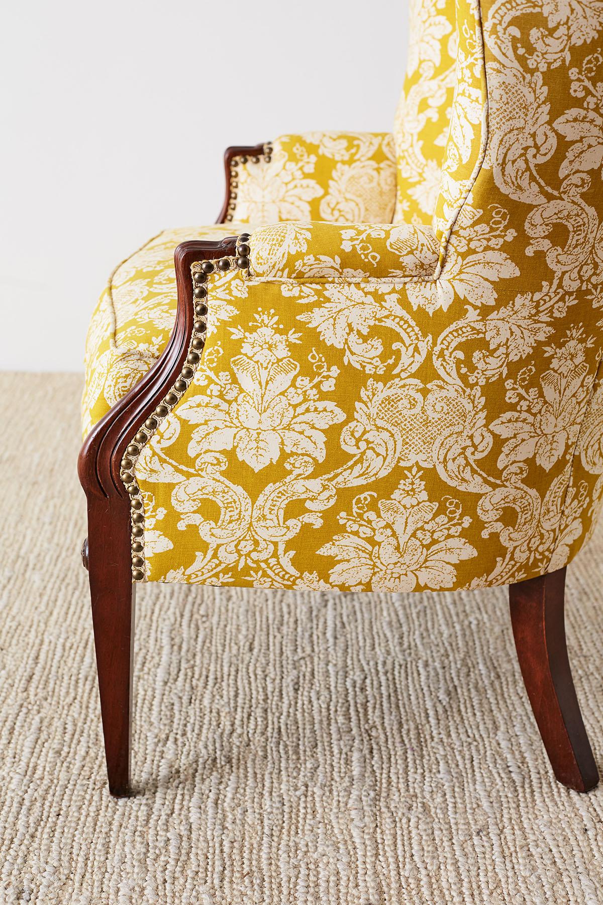 Edwardian Mahogany Wingback with Fortuny Style Fabric 5