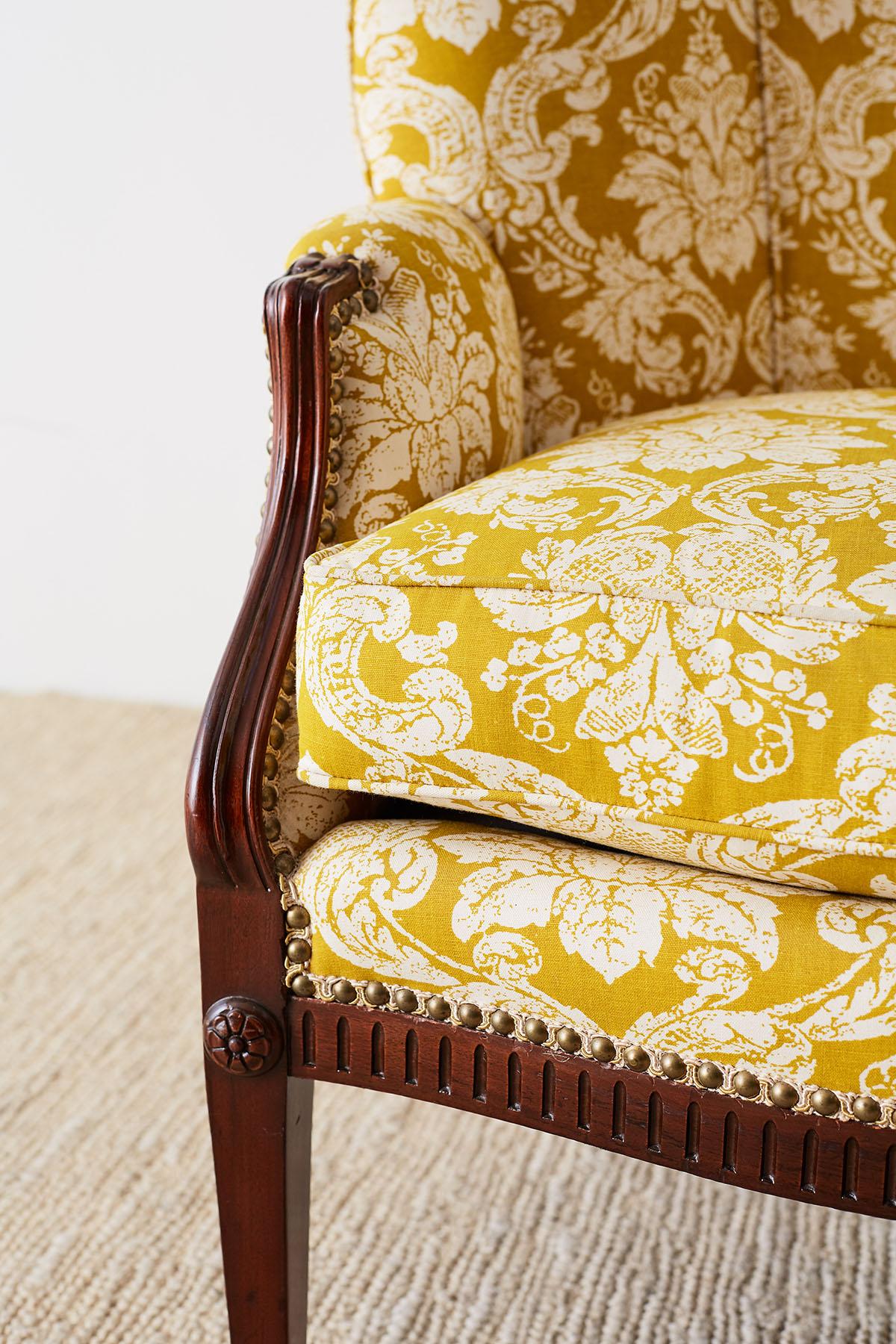 Edwardian Mahogany Wingback with Fortuny Style Fabric im Zustand „Gut“ in Rio Vista, CA