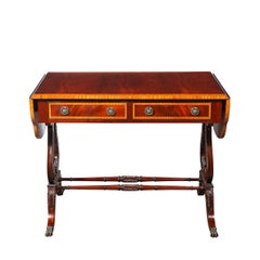 Edwardian Mahogany Writing Desk w/ Inlaid Exotic Wood Detailing & Bronze Pulls