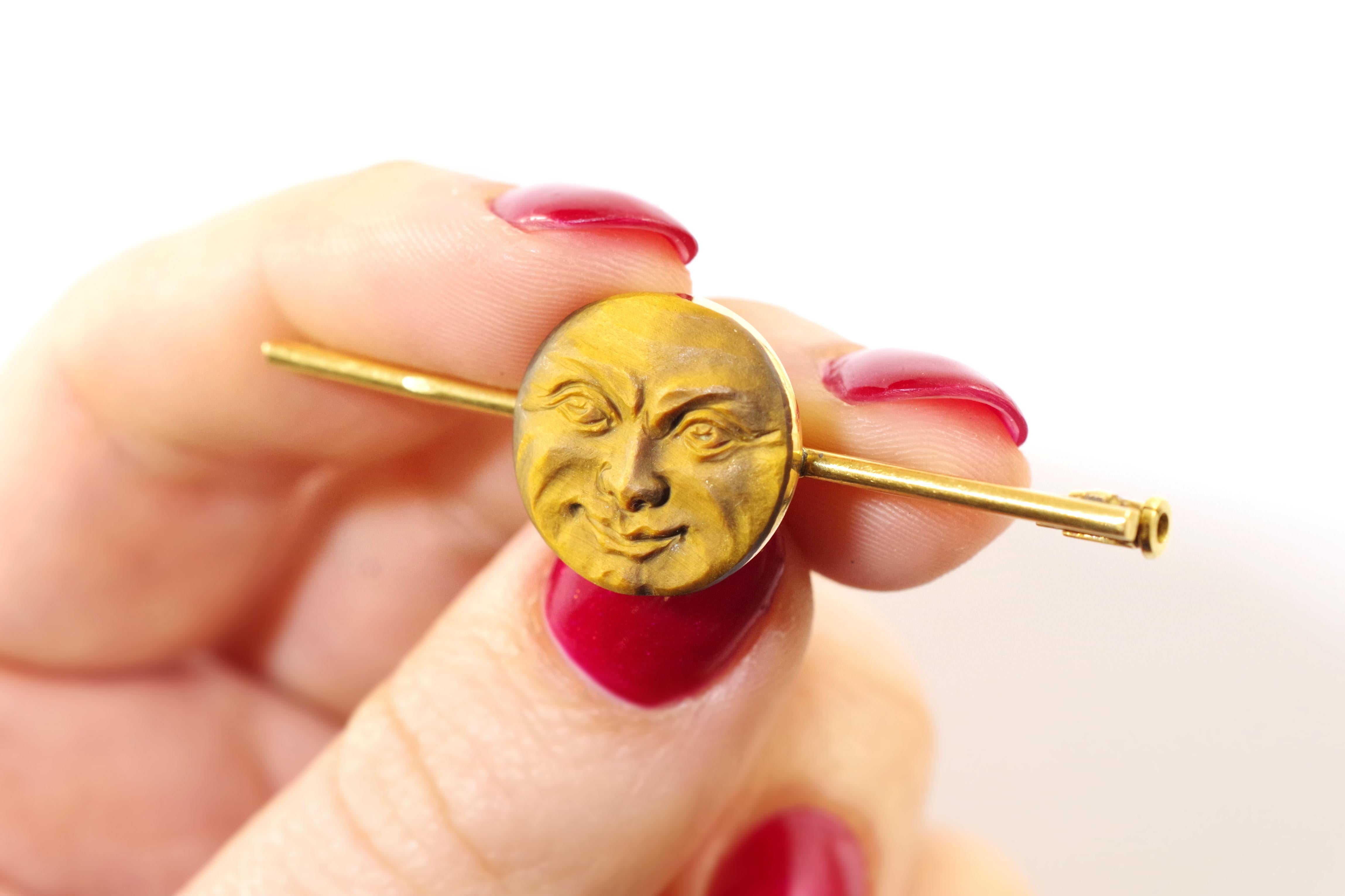 Mixed Cut Edwardian Man in the Moon Brooch in Gold 18k, Tiger Eye Carved