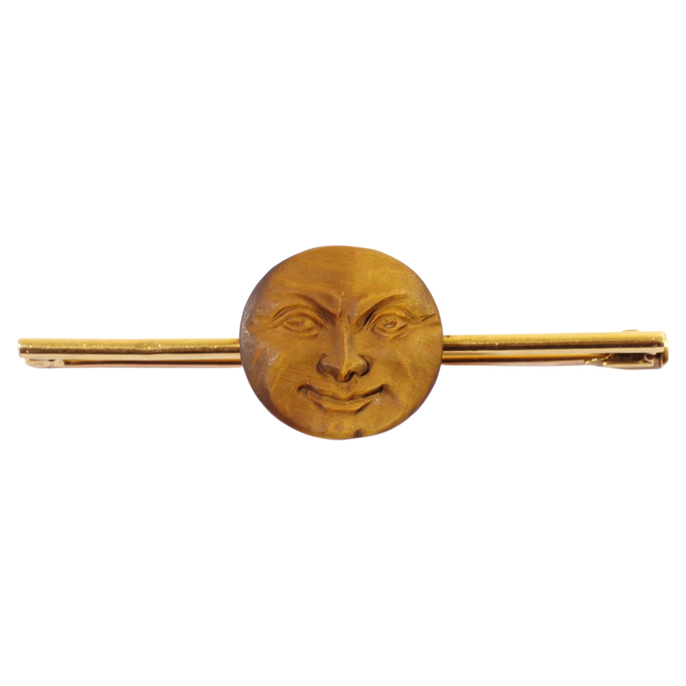 Edwardian Man in the Moon Brooch in Gold 18k, Tiger Eye Carved