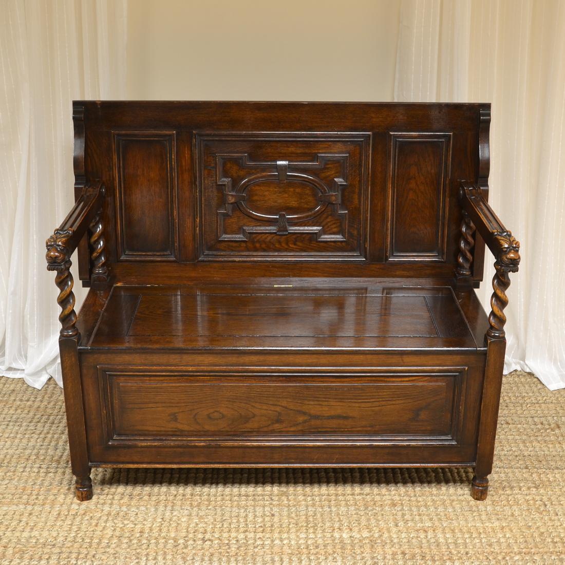 Early 20th Century Edwardian Maple & Co. Carved Oak Bench