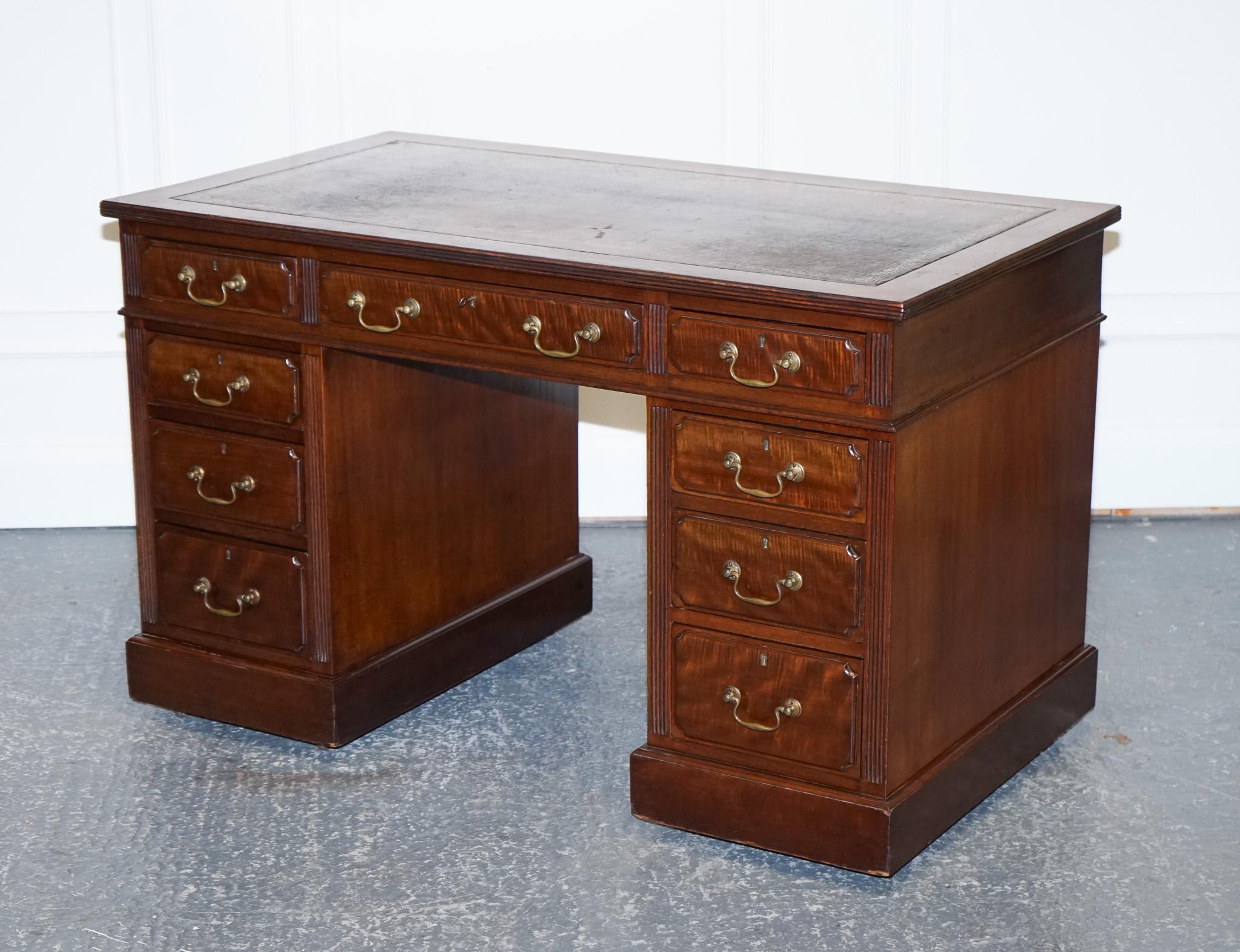 British Edwardian Maple & Co Pedestal Writing Desk Distressed Brown Embossed Leather For Sale