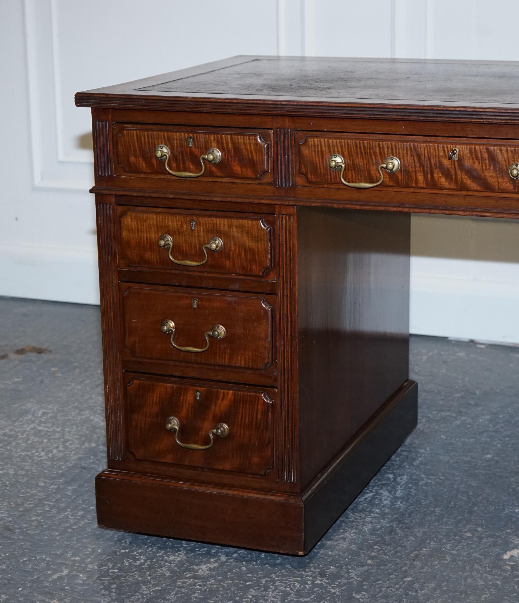 Hand-Crafted Edwardian Maple & Co Pedestal Writing Desk Distressed Brown Embossed Leather For Sale