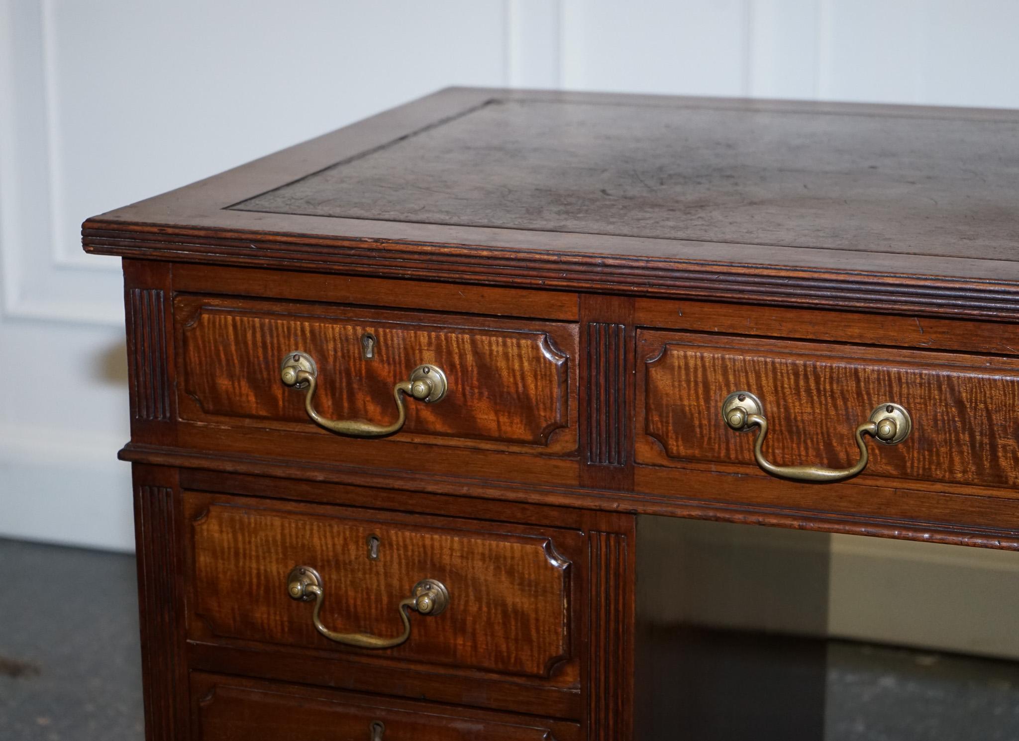 19th Century Edwardian Maple & Co Pedestal Writing Desk Distressed Brown Embossed Leather For Sale