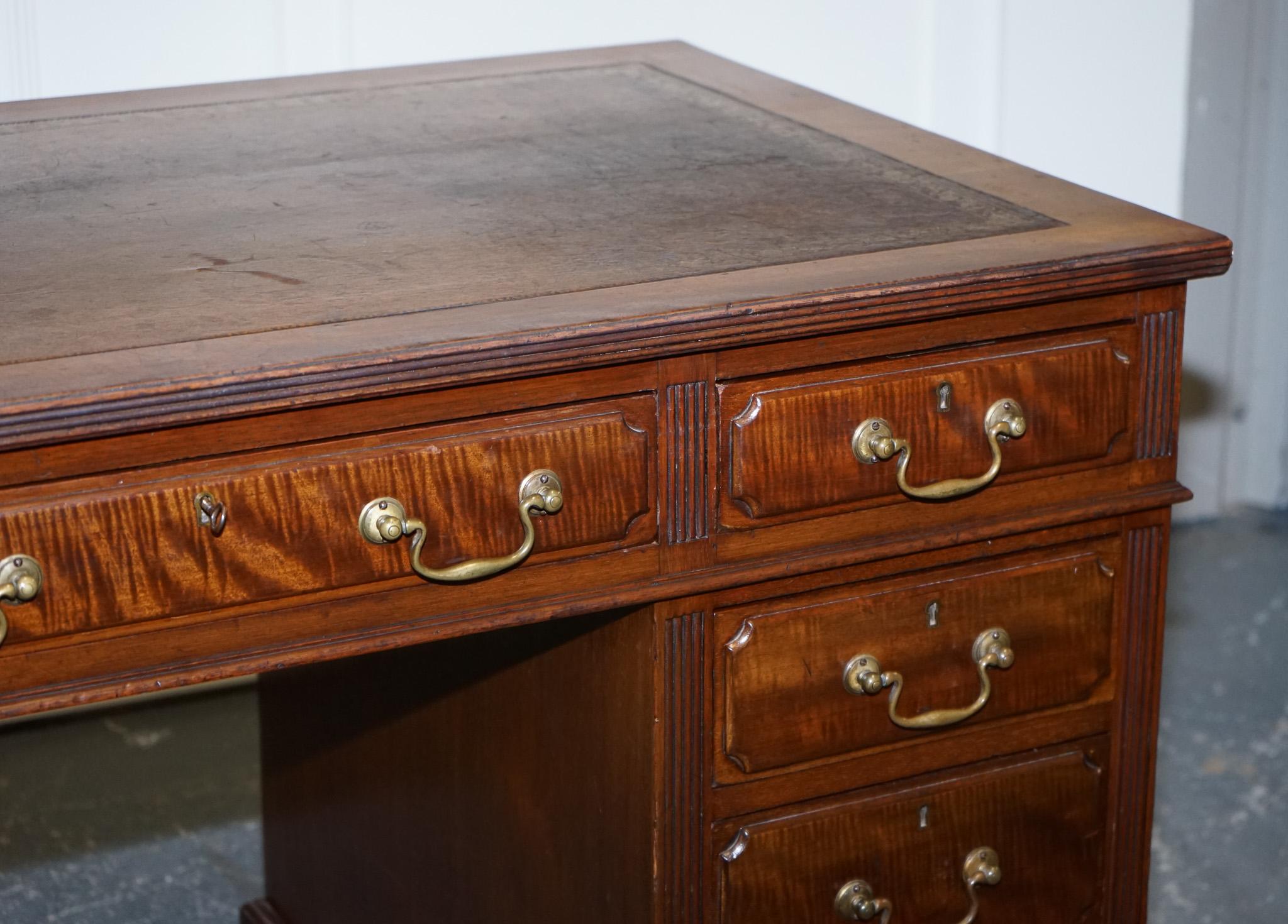 Hardwood Edwardian Maple & Co Pedestal Writing Desk Distressed Brown Embossed Leather For Sale