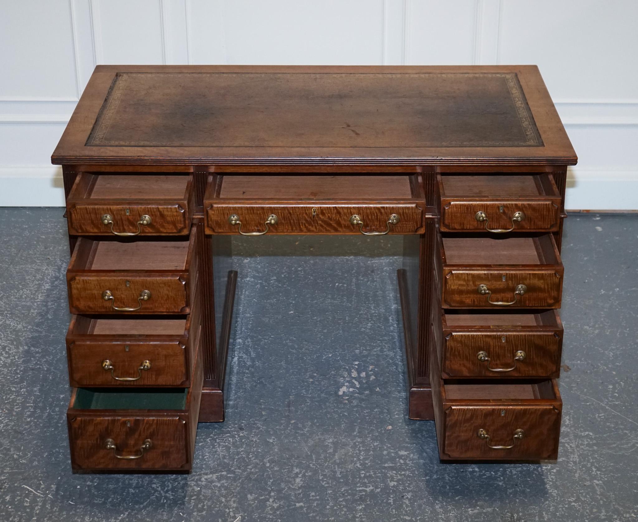Edwardian Maple & Co Pedestal Writing Desk Distressed Brown Embossed Leather For Sale 1