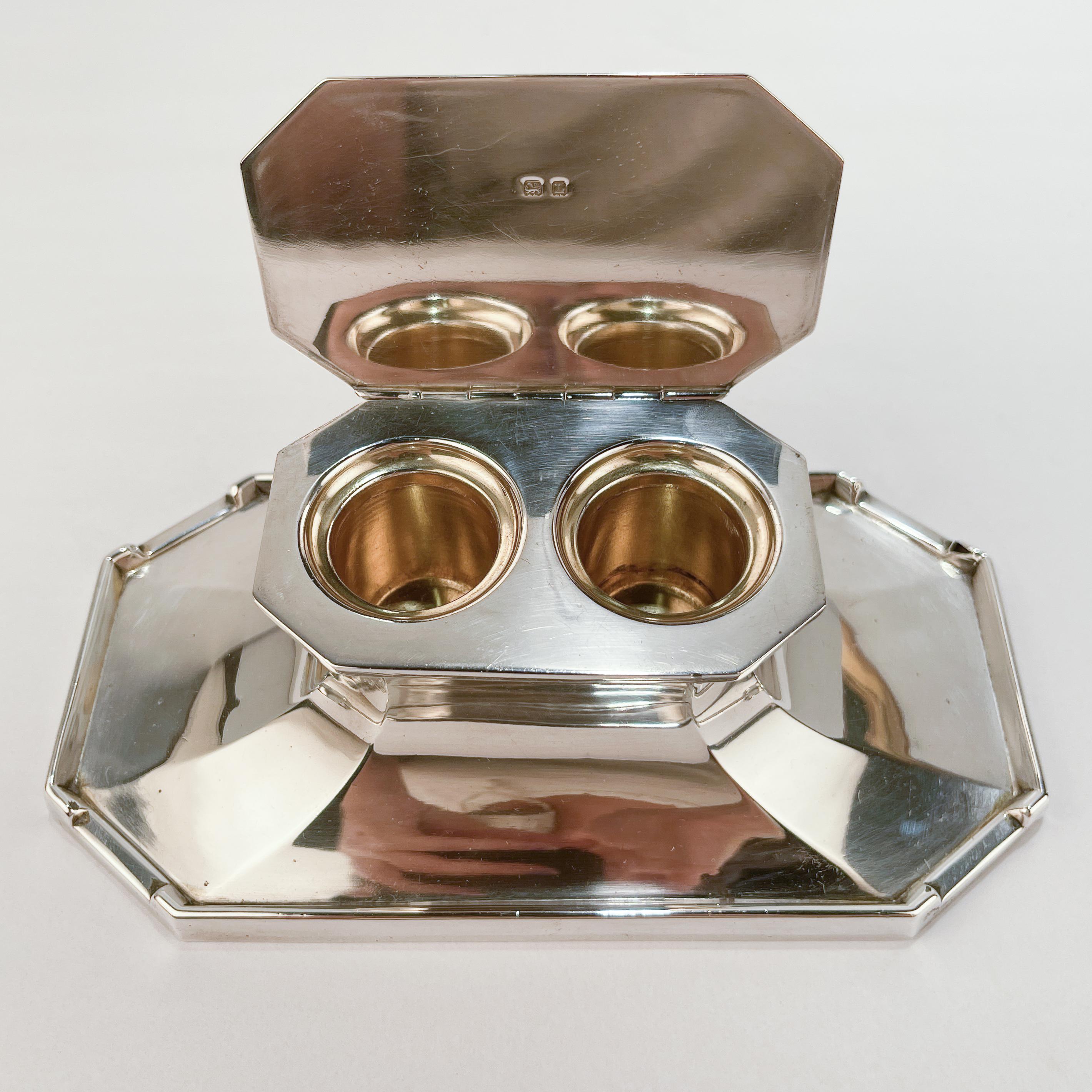 Edwardian Mappin & Webb 2-Chamber Sterling Silver Inkwell or Desk Standish  For Sale 7