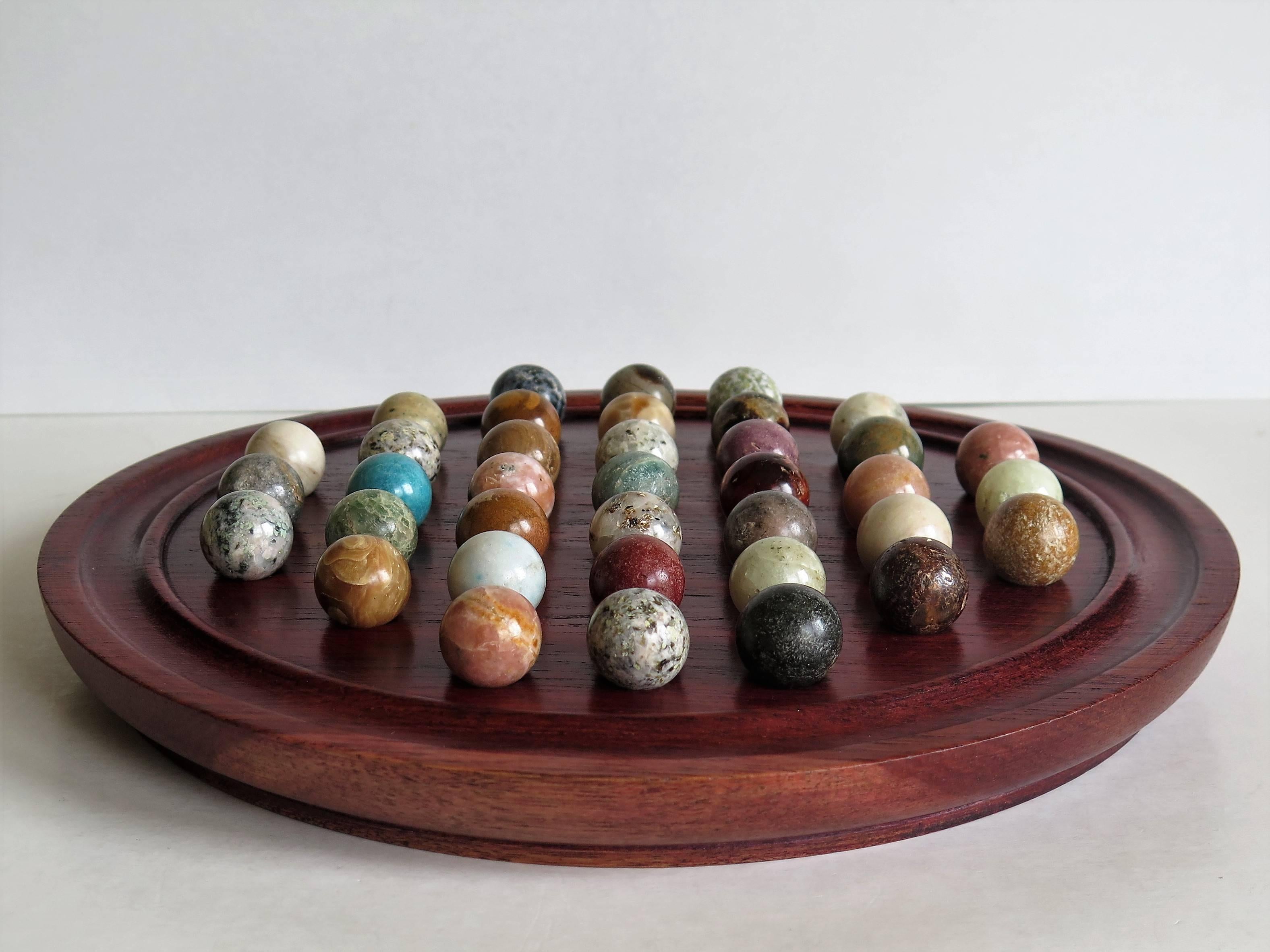 Hand-Crafted Edwardian Marble Solitaire Board Game with 37 Agate Stone Marbles, circa 1910