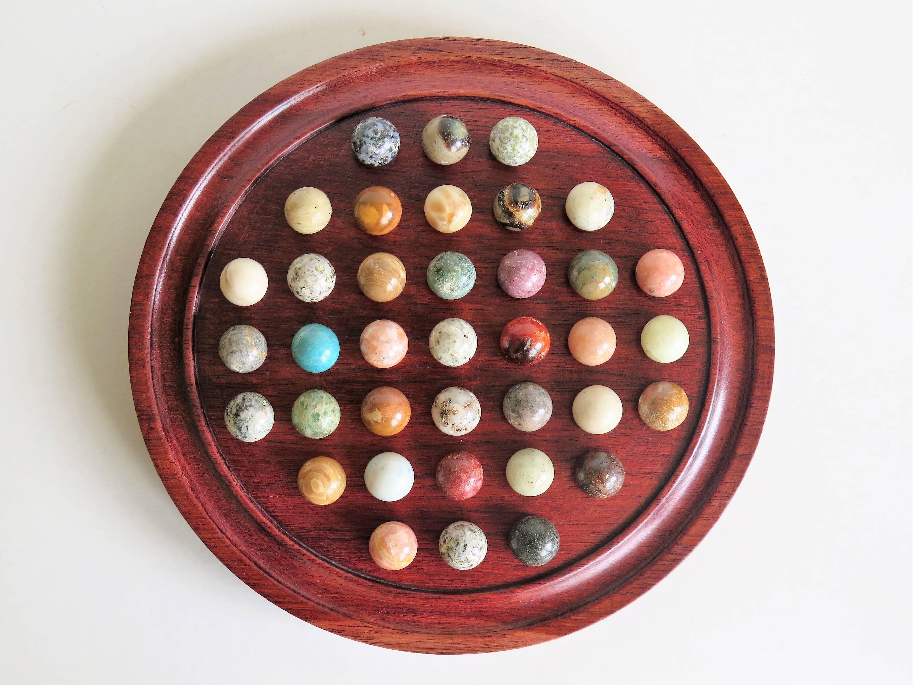 20th Century Edwardian Marble Solitaire Board Game with 37 Agate Stone Marbles, circa 1910