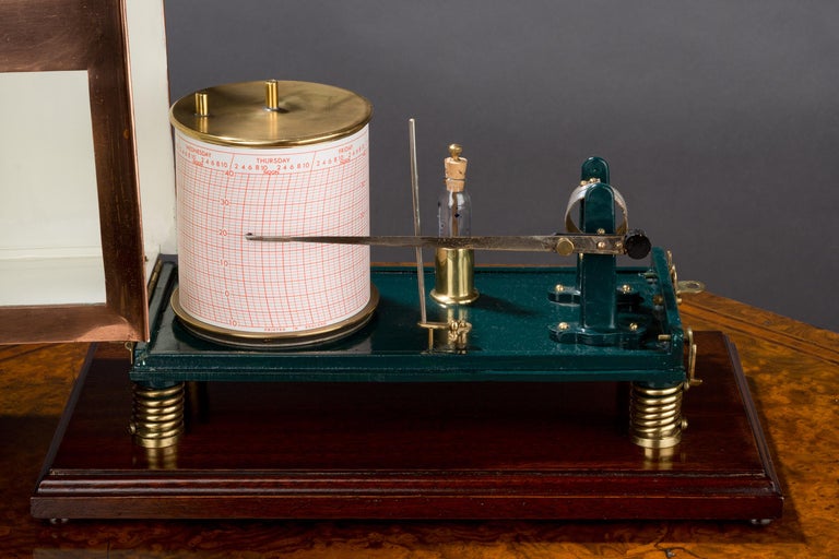 Edwardian marine copper thermograph, by Short and Mason, London.

 Eight day drum movement by Smiths, biometric coiled spring linking the recording arm to the chart with temperature graduations from 10-40 degrees centigrade. 

The copper case