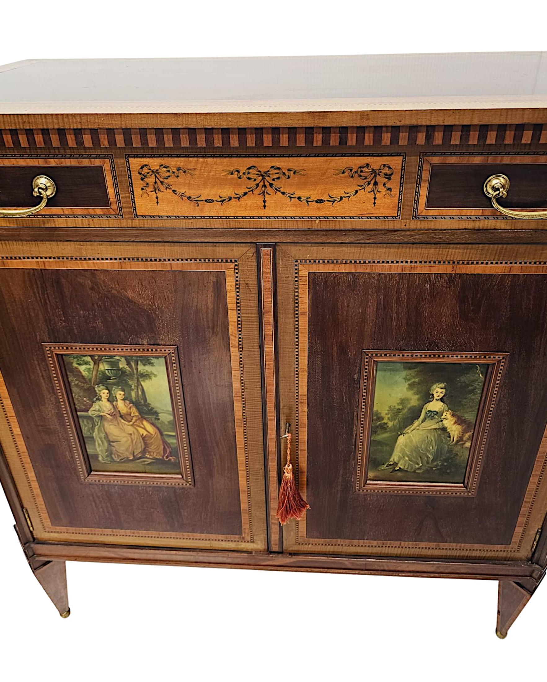 Brass Edwardian Marquetry Inlaid and Hand Painted Cabinet after 'Edward and Roberts' For Sale