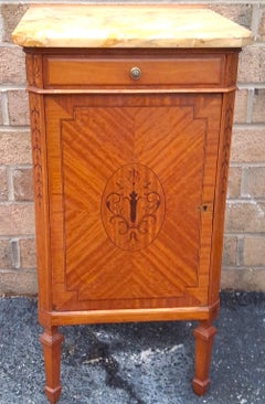 Edwardian Marquetry Inlaid Mahogany and Marble Top Four-Drawer Side Cabinet